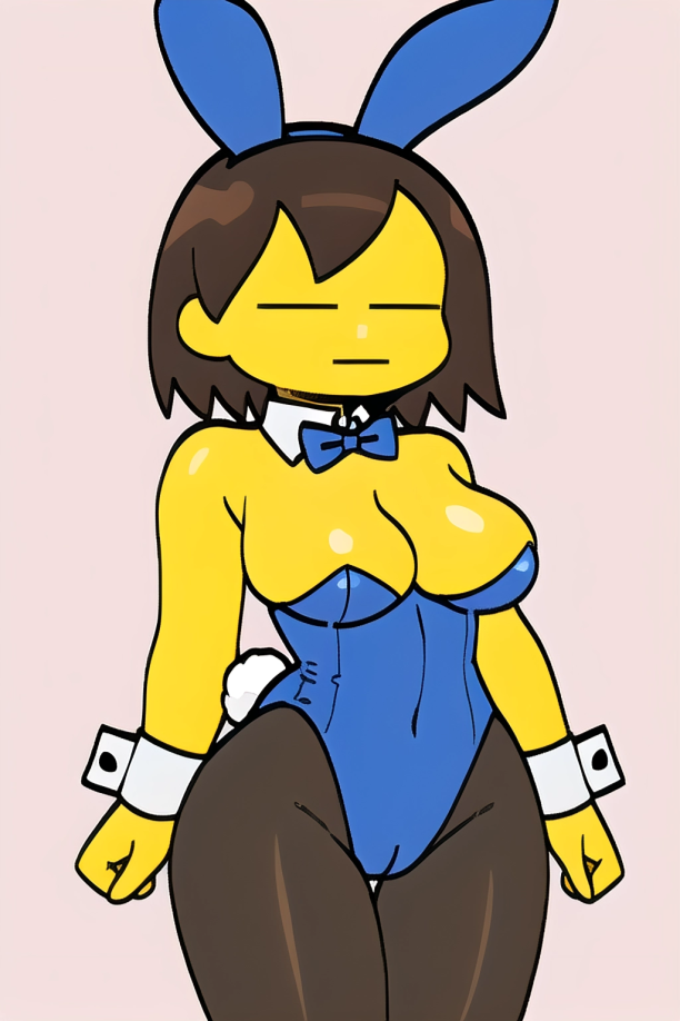 1girls 2d ai_generated bangs black_pantyhose blank_expression blue_bowtie blue_bunny_ears blue_bunnysuit bowtie breasts brown_hair bunny_ears bunny_girl bunny_tail bunnysuit closed_eyes collar cuffs curvy curvy_female curvy_figure female female_only frisk frisk_(undertale) human human_female pink_background pixai protagonist_(undertale) simple_background solo undertale undertale_(series) yellow_skin