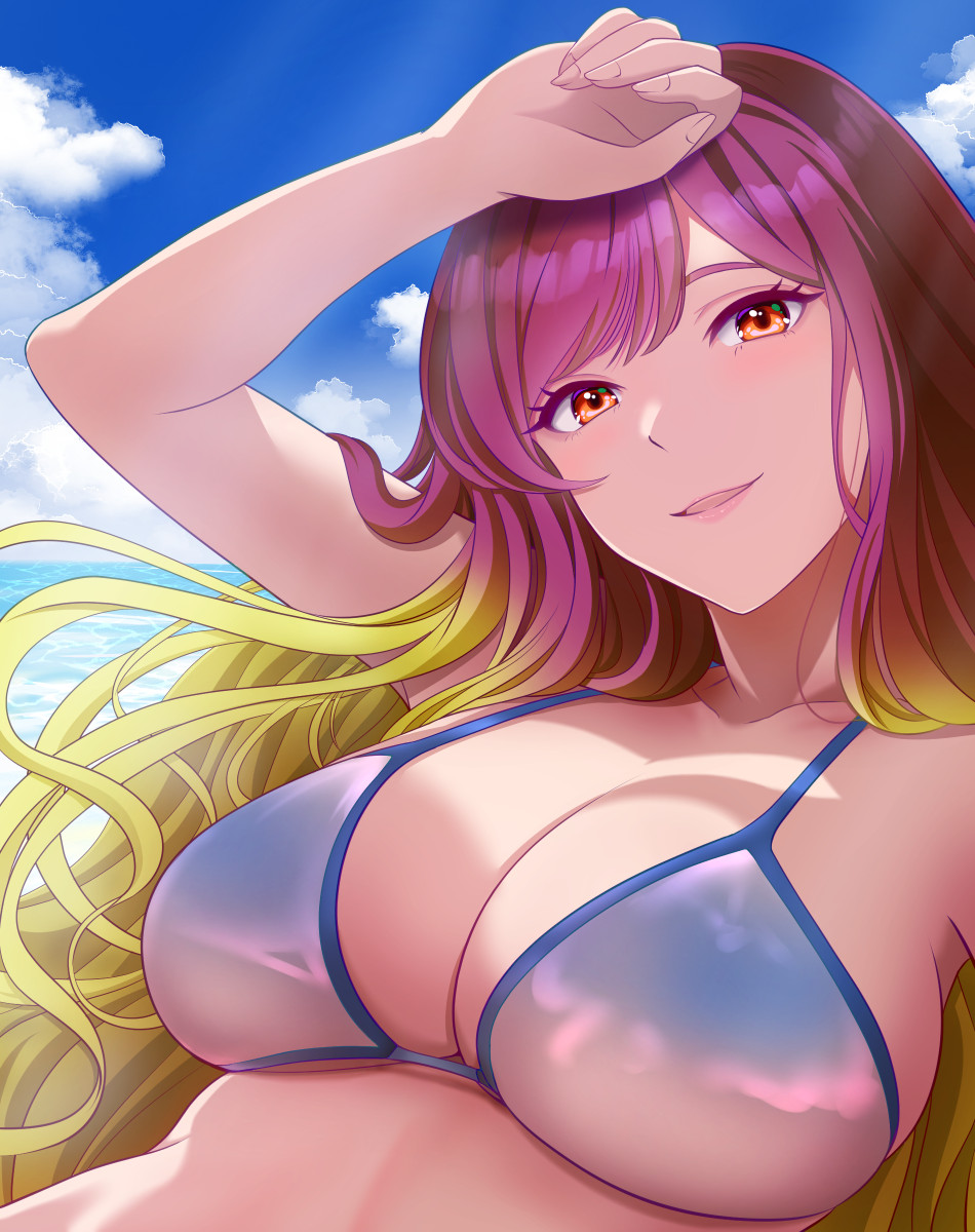 alternate_costume arm_up beach bikini blonde_hair blue_bikini blue_sky blush breasts brown_eyes cleavage cloud commentary_request day female fingernails gradient_hair hand_on_own_head highres hijiri_byakuren kisaragi_koushi large_breasts lips long_hair looking_at_viewer mature_female medium_bangs milf multicolored_hair ocean open_mouth outdoors purple_hair sky smile solo sunlight swimsuit touhou two-tone_hair upper_body wavy_hair