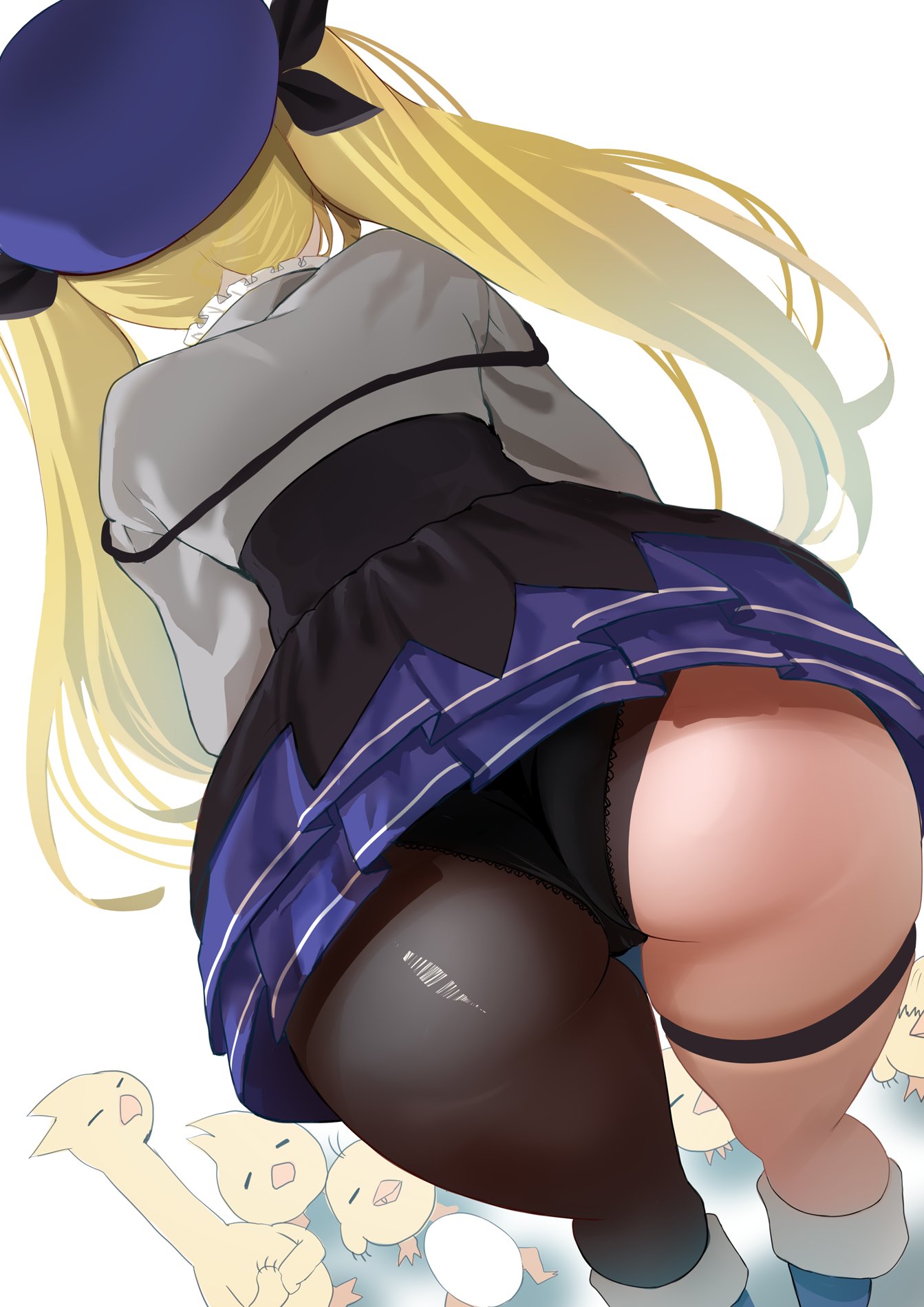 1girls ass ass_focus back_view blonde_hair dokibird female female_focus hat headwear indie_virtual_youtuber light-skinned_female light_skin panties panties_under_pantyhose redi_(rasec_asdjh) skirt twintails underwear virtual_youtuber white_background