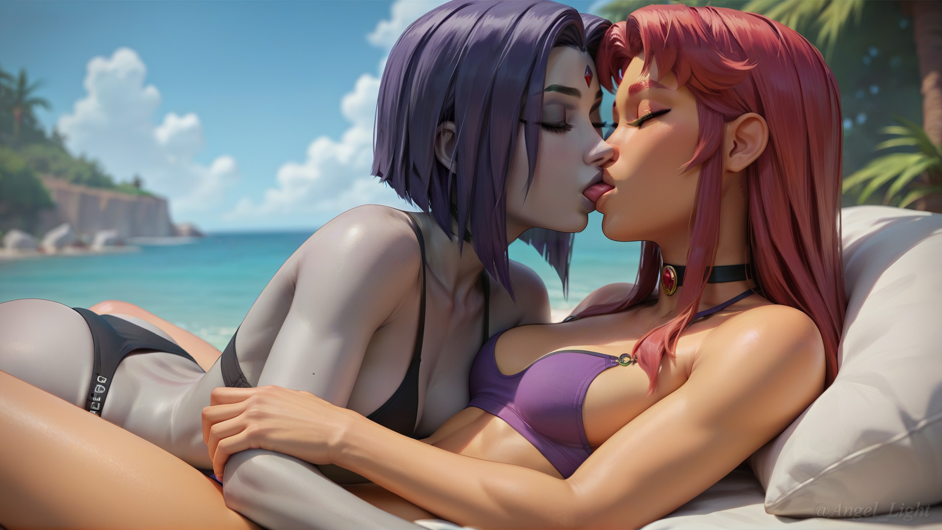 2girls, ai generated, angel light, angel light (artist), bikini, dc, dc comics, female, female only, grey skin, kissing, multiple females, multiple girls, purple hair, raven (dc), red hair, source removed, starfire, teen titans, yuri