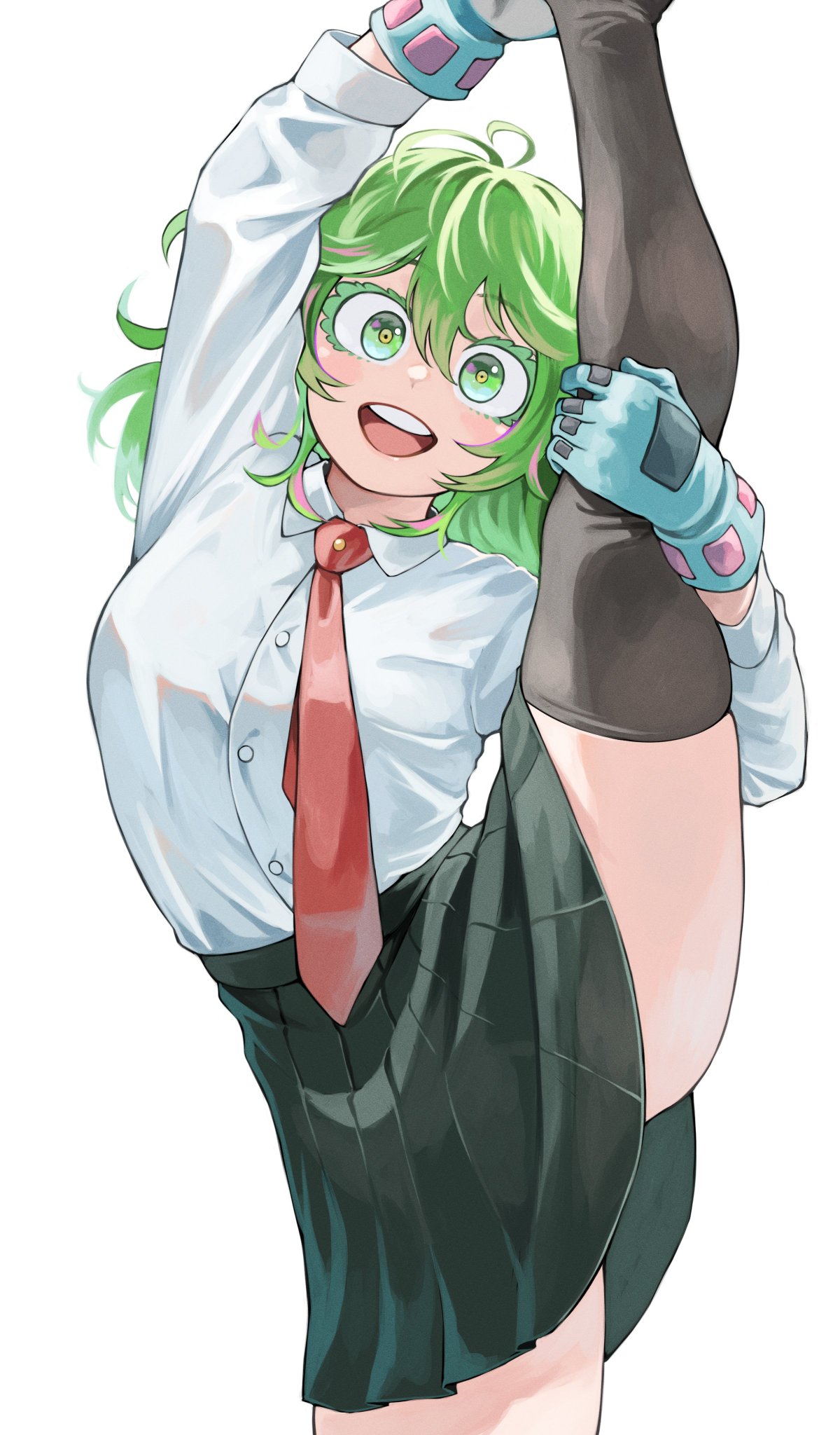 furin0241 green_eyes green_hair leg_up my_hero_academia school_uniform skirt splits tie tooru_hagakure tooru_hagakure_(visible) white_shirt