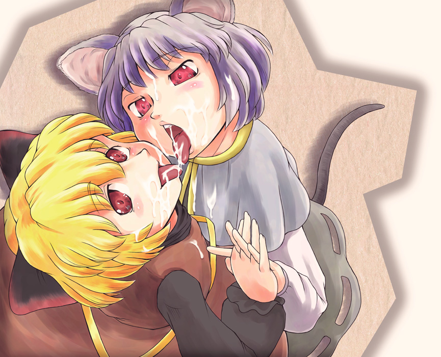 2girls animal_ear blonde_hair bow cum cum_on_face facial female female_only fingernails grey_hair hairbow hand_holding holding_hands licking looking_up mouse_ears mouse_tail multiple_girls nazrin red_eyes short_hair subterranean_animism tail team_shanghai_alice tongue tongue_out touhou usagi_niku yamame_kurodani