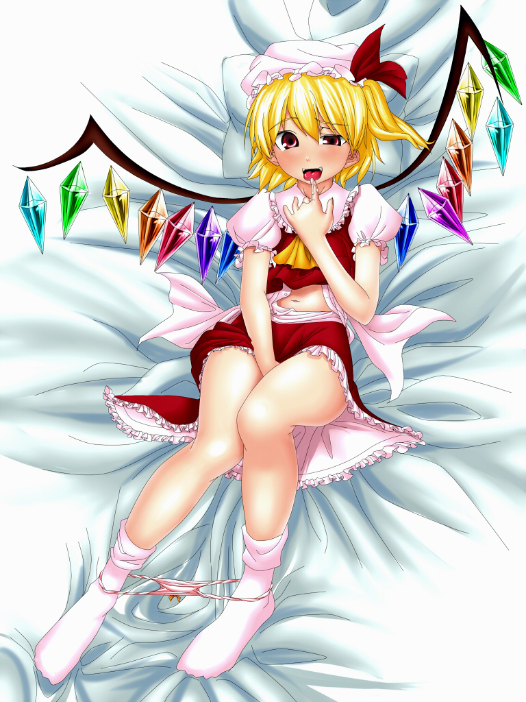 blonde_hair clothes color female female_only flandre_scarlet front_view geppewi hair hat masturbation open_eyes ponytail red_eyes short_hair side_ponytail sinker_(pixiv) skirt solo the_embodiment_of_scarlet_devil tied_hair touhou wings