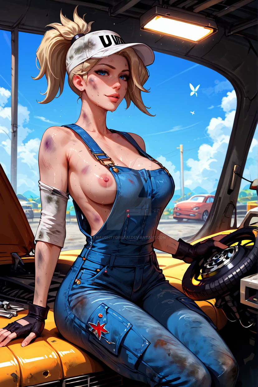 1girls ai_generated big_breasts blonde_hair blue_eyes breast_slip breasts hat mercy naughtygirlsai nipples no_bra overwatch overwatch_2 ponytail short_hair sitting solo