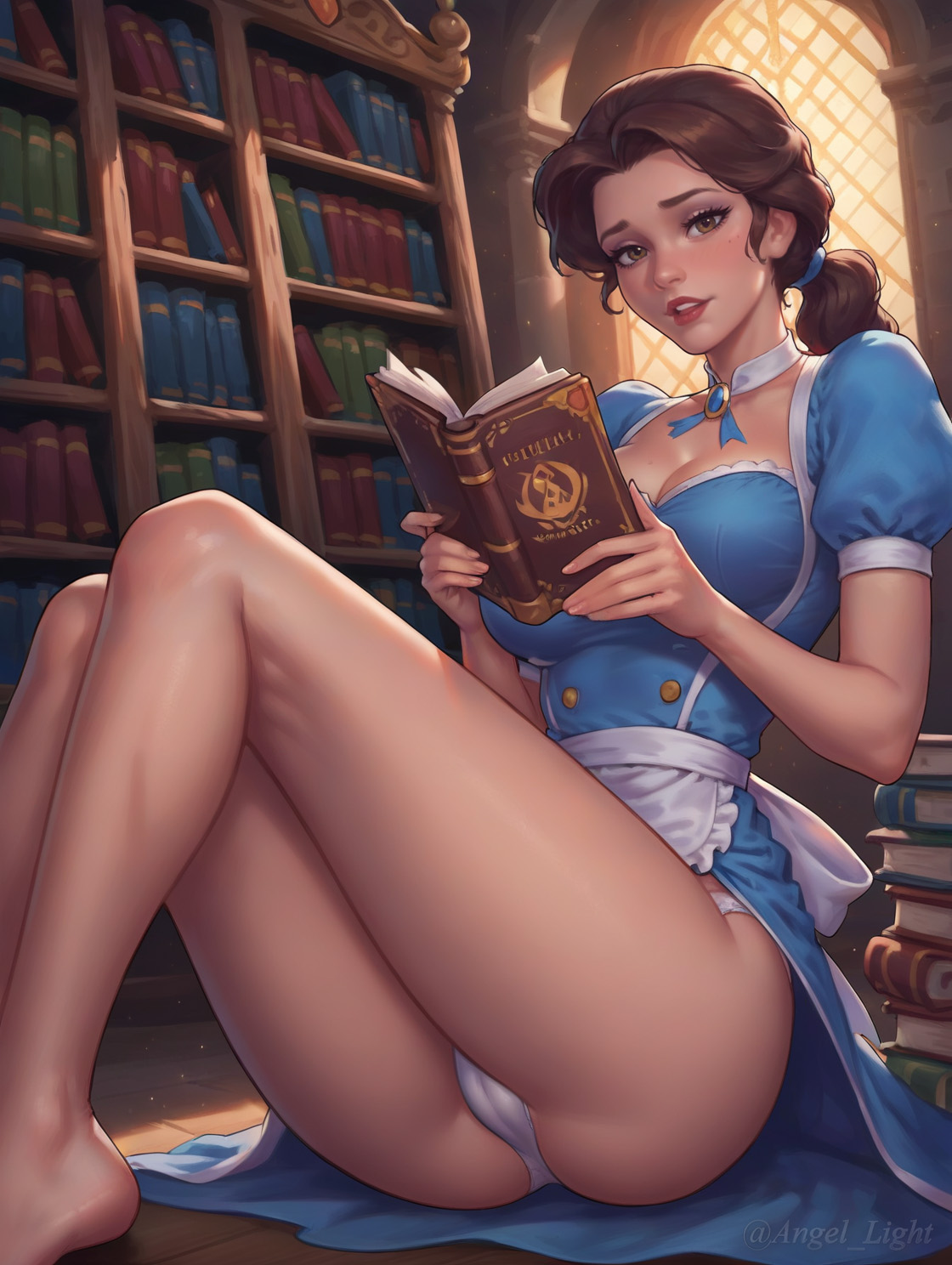 1girls, ai generated, angel light, angel light (artist), bare legs, bare thighs, barefoot, beauty and the beast (1991 film), belle (beauty and the beast), book, brown eyes, brown hair, cameltoe, cleavage, disney, disney princess, feet, feet out of frame, female, from below, panties, parted lips, princess, pussy, reading, reading book, underwear