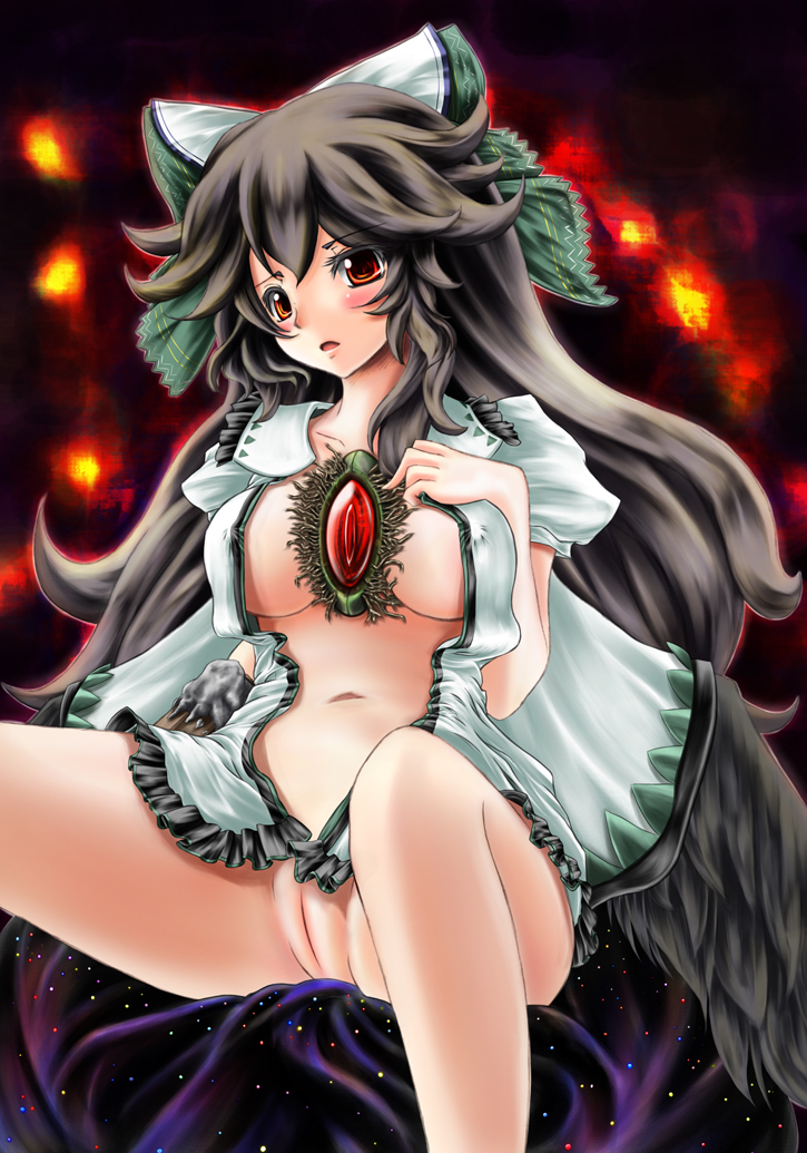 1girls arm_cannon black_hair blush bow breasts cape erect_nipples eyes female large_breasts long_hair open_clothes open_shirt pussy r0g0b0 red_eyes shirt solo touhou uncensored utsuho_reiuji weapon wings