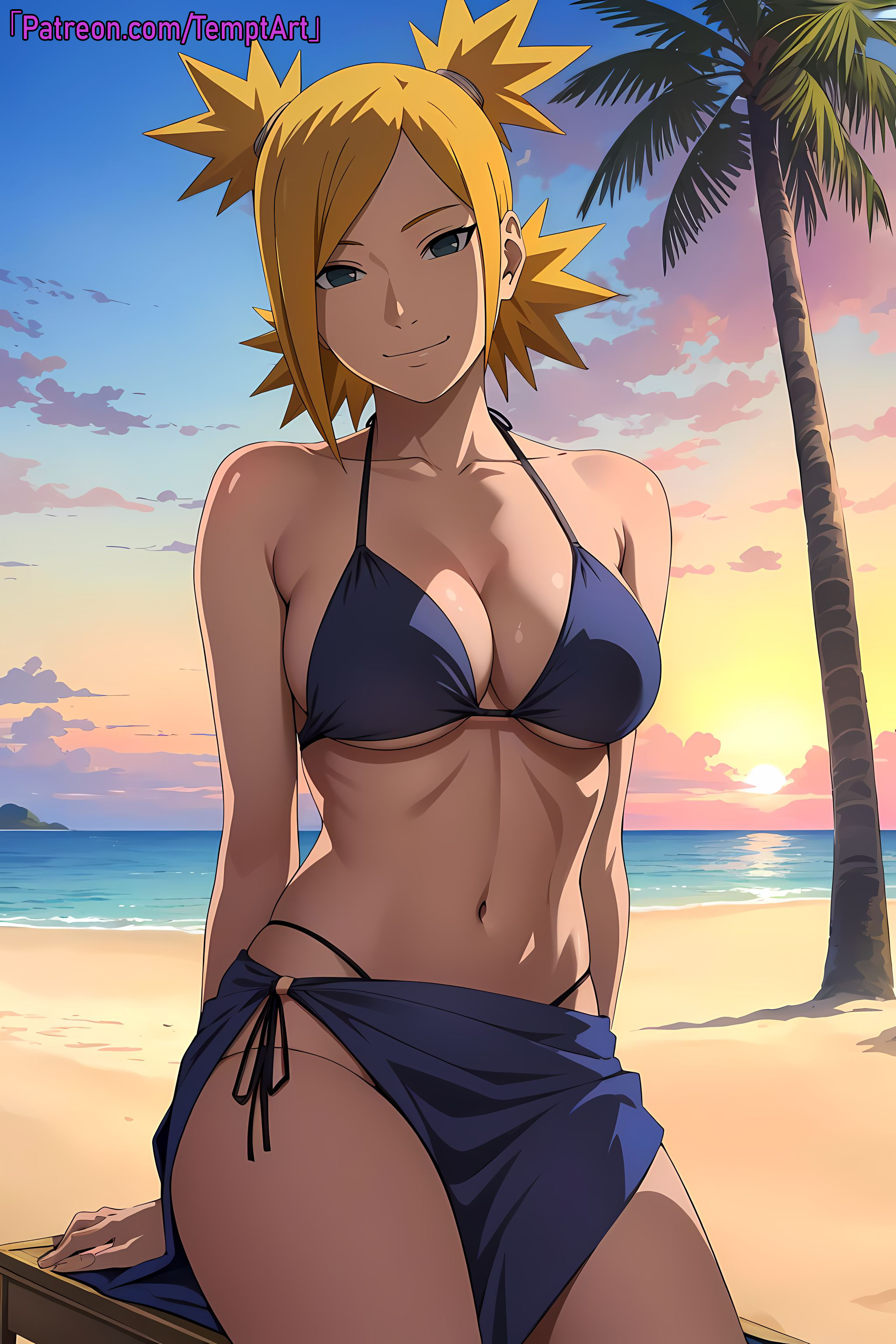 1girls, ai generated, arm support, beach, big breasts, bikini, bikini bottom, bikini top, blonde hair, blush, boruto: naruto next generations, breasts, cleavage, curvaceous, curvy, curvy body, curvy female, curvy figure, female, female focus, female only, hourglass figure, huge breasts, large breasts, light skin, light-skinned female, mature, mature female, midriff, milf, nai diffusion, naruto, naruto (series), outdoors, patreon username, pinup, ponytail, quad tails, revealing swimsuit, seaside, side-tie bikini, side-tie bikini bottom, skimpy, skimpy bikini, skirt, solo, solo focus, stable diffusion, sunset, swimsuit, teal eyes, temari, temptart, thick thighs, thighs, url, web address, wide hips