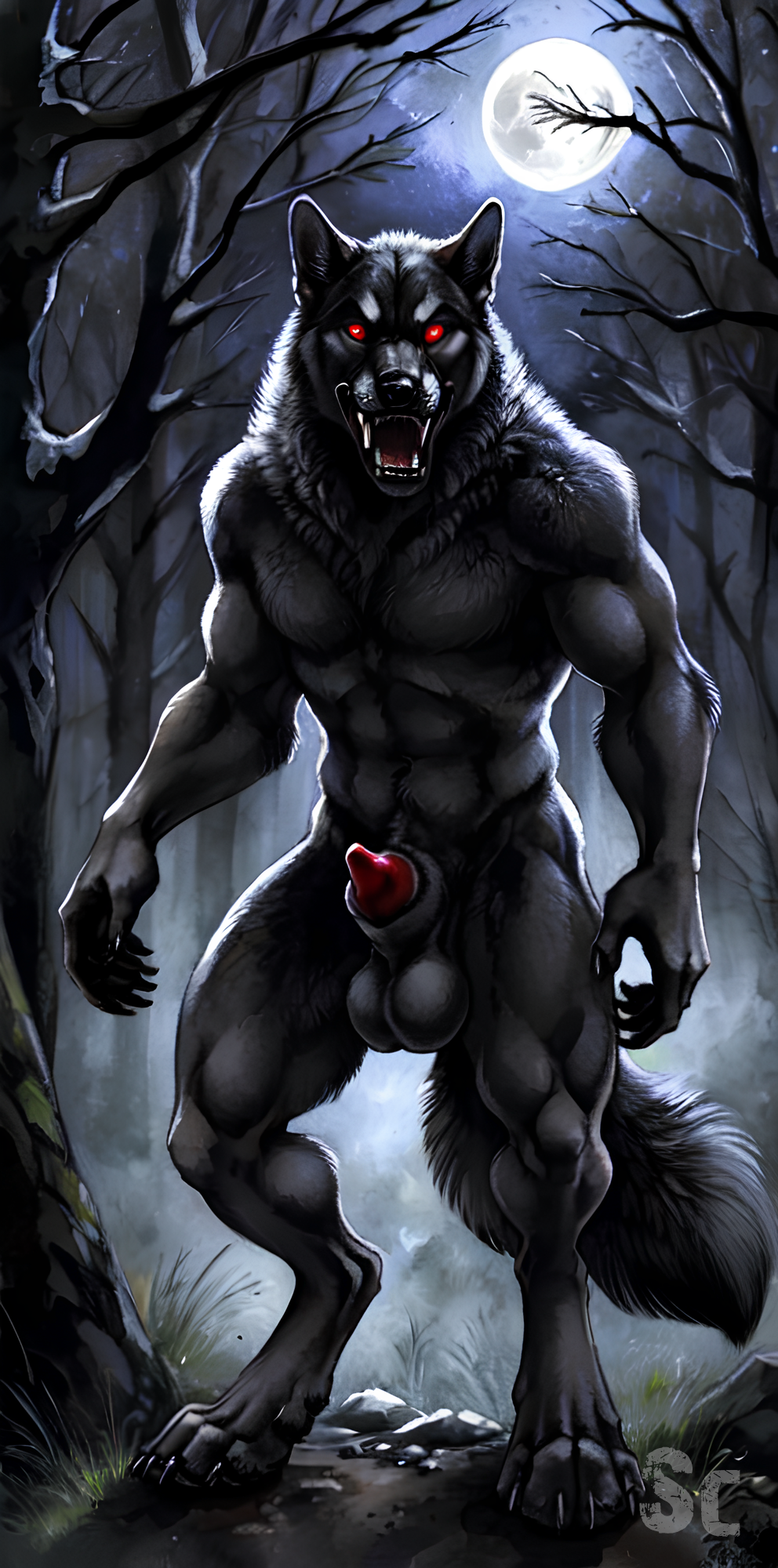 4_toes abs ai_generated angry animal_genitalia anthro autumn balls bared_teeth becoming_erect biceps black_nose canid canine canine_genitalia claws digital_media_(artwork) digitigrade easyfluffv11.2_(model) fangs feet fluffy fluffy_tail fog forest front_view full-length_portrait full_moon genitals growling hi_res imposing light looking_at_viewer male mammal manly moon moonlight muscular muscular_male navel neck_tuft night nude open_mouth outside pawpads penis plant poking_out portrait quads red_eyes red_penis rock scoutr shadow sharp_teeth sheath sky snarling solo standing teeth toe_claws toes tree tuft watermark were werecanid werecanine werewolf whisker_spots