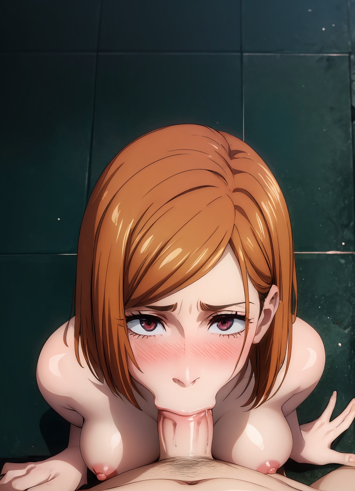 :>=, 1boy, 1girls, 2d, after school, ai generated, ass, bare shoulders, big breasts, big penis, blowjob, blowjob face, blush, bob cut, breasts, breasts bigger than head, brown eyes, brown hair, chest, completely nude, curvy, curvy figure, deep blowjob, detailed, eye contact, eyelashes, eyeshadow, female, fit, fit female, ginger, hands-free, high quality, huge breasts, human, jujutsu kaisen, kneeling, kugisaki nobara, large breasts, light skin, light-skinned female, lipstick, looking up, makeup, male, medium hair, nai diffusion, naked, nero100, nipples, no bra, no panties, no pants, no underwear, nude, nude female, nudity, oral, oral penetration, orange hair, pale skin, pale-skinned female, penis, petite, pov, schoolgirl, seductive, seductive look, short hair, slim, stable diffusion, tagme, thick ass, thick legs, thick thighs, tight throat, topless, uncensored, vacuum fellatio