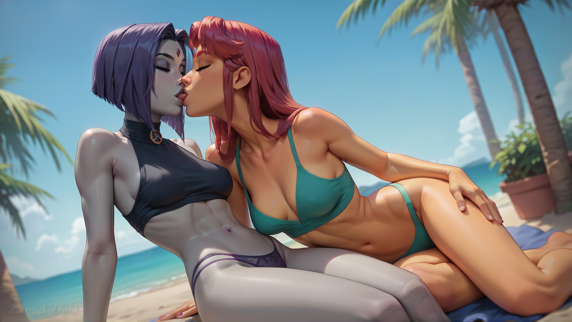 2girls, ai generated, angel light, angel light (artist), bikini, dc, dc comics, female, female only, grey skin, kissing, multiple females, multiple girls, purple hair, raven (dc), red hair, source removed, starfire, teen titans, yuri