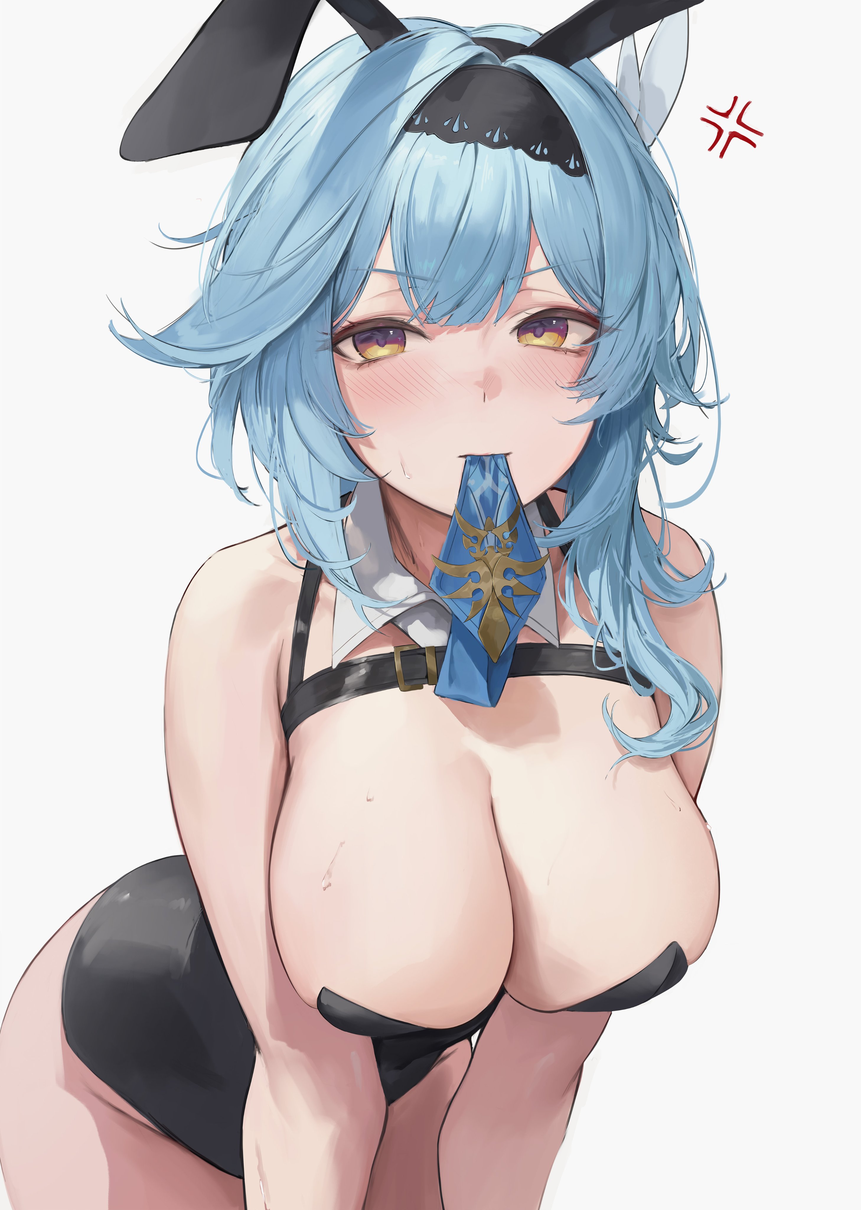 1girls, big breasts, blue hair, blush, breasts, bunny ears, bunnysuit, cleavage, eula (genshin impact), female, genshin impact, huge breasts, large breasts, leviathan (hikinito0902), multicolored eyes, purple eyes, rabbit, solo, solo female, thighs, yellow eyes