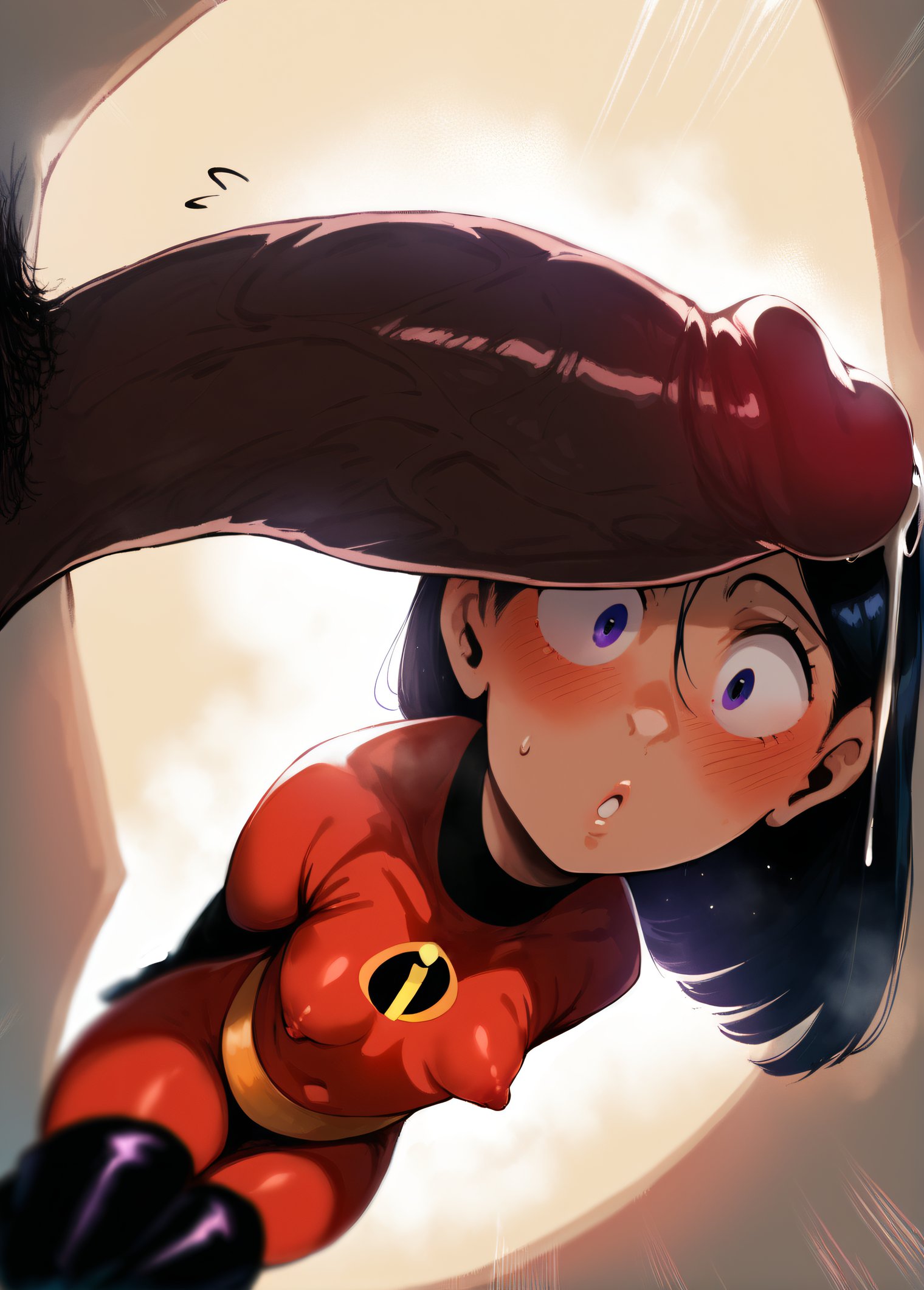 1boy, 1girls, ai generated, black hair, blush, bodysuit, breasts, dark skin, dark-skinned male, disney, erect nipples, female, from side, hi res, high resolution, hpeq, human, interracial, large penis, leaning, leaning forward, male, massive penis, nipples, nipples visible through clothing, penis, penis awe, perky breasts, petite, pixar, precum, precum drip, purple eyes, shiny clothes, shocked, small breasts, stable diffusion, surprised, sweatdrop, the incredibles, thick penis, tight clothing, veiny penis, violet parr, younger female