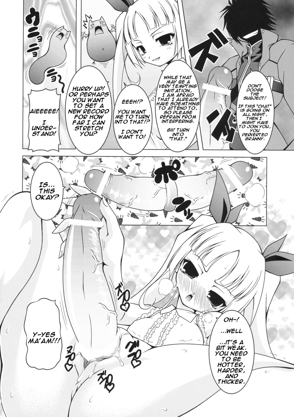 blazblue blush censored dildo double_dildo doujin doujinshi frills gii hair_ribbon hard_translated highres lolita_fashion long_hair monochrome open_mouth penis pussy pussy_juice rachel_alucard ragna_the_bloodedge raven_(artist) ribbon smile sweat text tied_hair translated twintails vampire