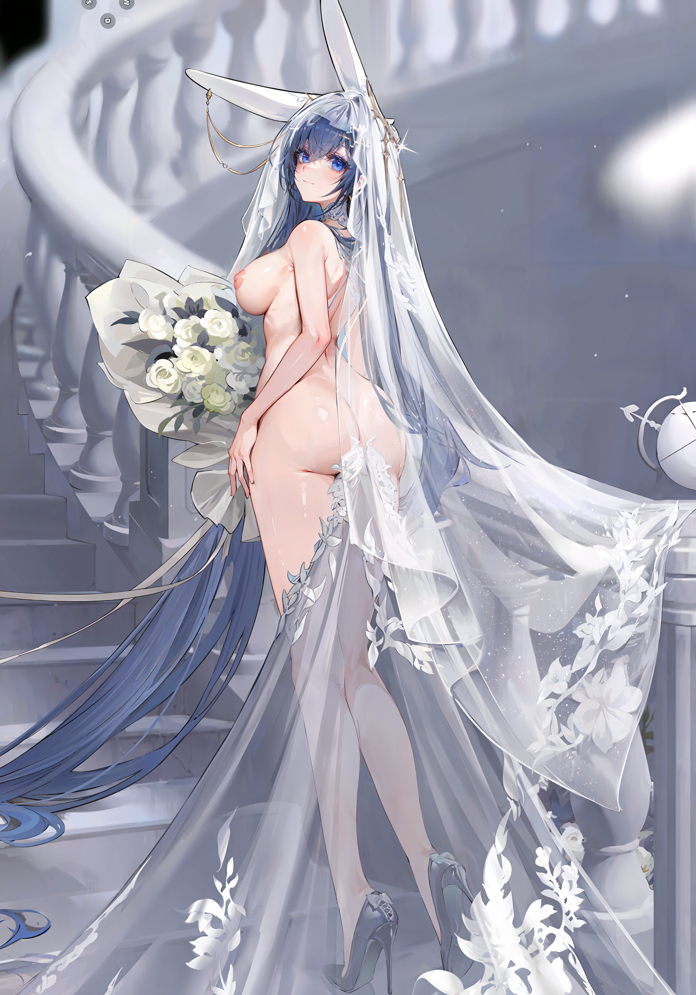 1girls, ahoge, azur lane, bride, bunny ears, female, flower, high heels, long hair, mofumochii, naked footwear, new jersey (azur lane), new jersey (snow-white ceremony) (azur lane), nude