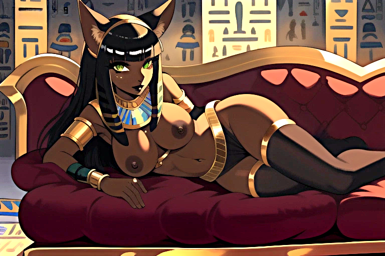 1girls ai_generated animal_ears big_breasts black_hair black_lipstick bracelet bracelets breasts casual_topless collar colored dark-skinned_female dark_nipples egyptian egyptian_clothes egyptian_female egyptian_mythology female female_only furry furry_breasts furry_ears furry_female furry_only furry_tail gold_(metal) gold_bracelets gold_jewelry green_eyes hand_on_hip hand_on_own_hip jackal_ears jewelry jfxjxf long_hair looking_at_viewer necklace nipples no_sex reclining stockings tan_body tan_skin topless_anthro topless_female