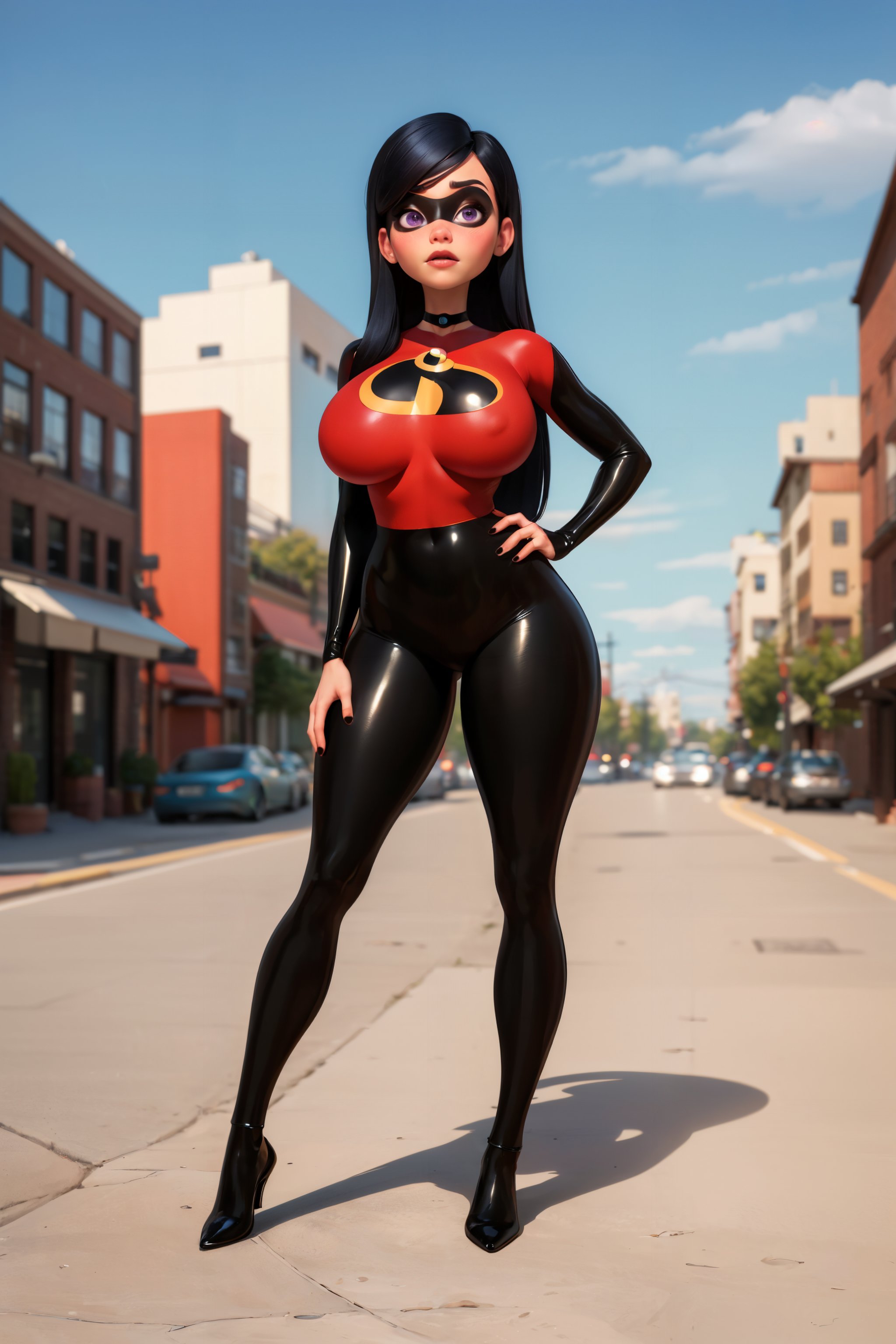 1girls, ai generated, big breasts, breasts, female, high heels, league69, long hair, nipple bulge, solo, the incredibles, thighs, violet parr