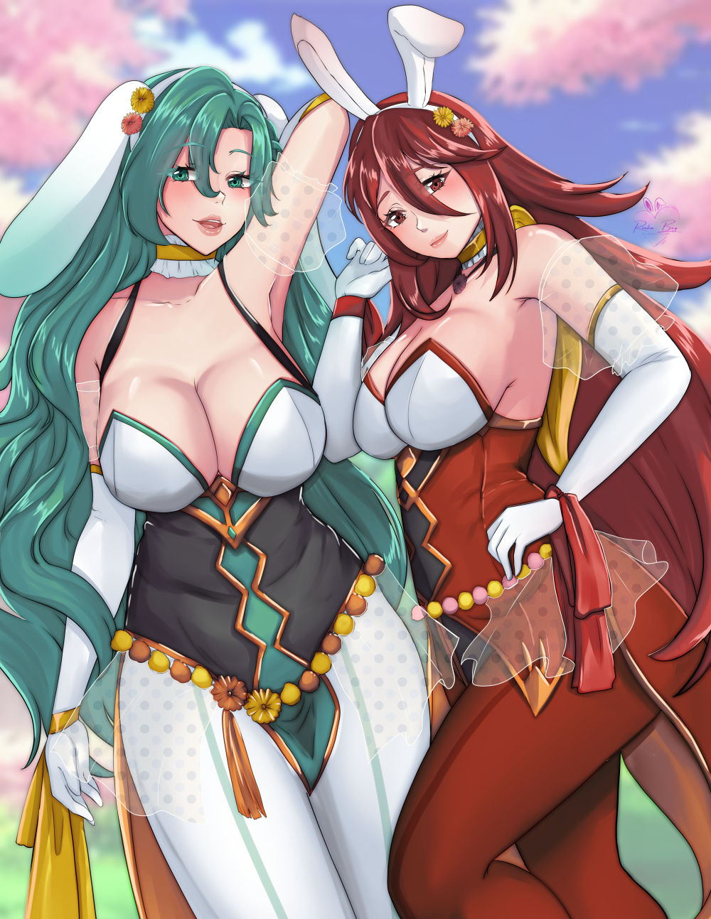 2girls alternate_costume aqua_eyes aqua_hair arm_behind_head armpits bare_shoulders braid breasts bunny_ears bunny_girl bunnysuit chloe_(fire_emblem) chloe_(spring)_(fire_emblem) cleavage cloud collarbone cordelia_(fire_emblem) cordelia_(spring)_(fire_emblem) easter elbow_gloves female female_only fire_emblem fire_emblem_awakening fire_emblem_engage fire_emblem_heroes gloves green_eyes green_hair hair_between_eyes hand_on_own_hip large_breasts leotard long_hair looking_at_viewer multiple_girls nintendo official_alternate_costume open_mouth outdoors pantyhose red_eyes red_hair rinku_bny see-through shoulders sideboob sky smile standing sunset veil very_long_hair