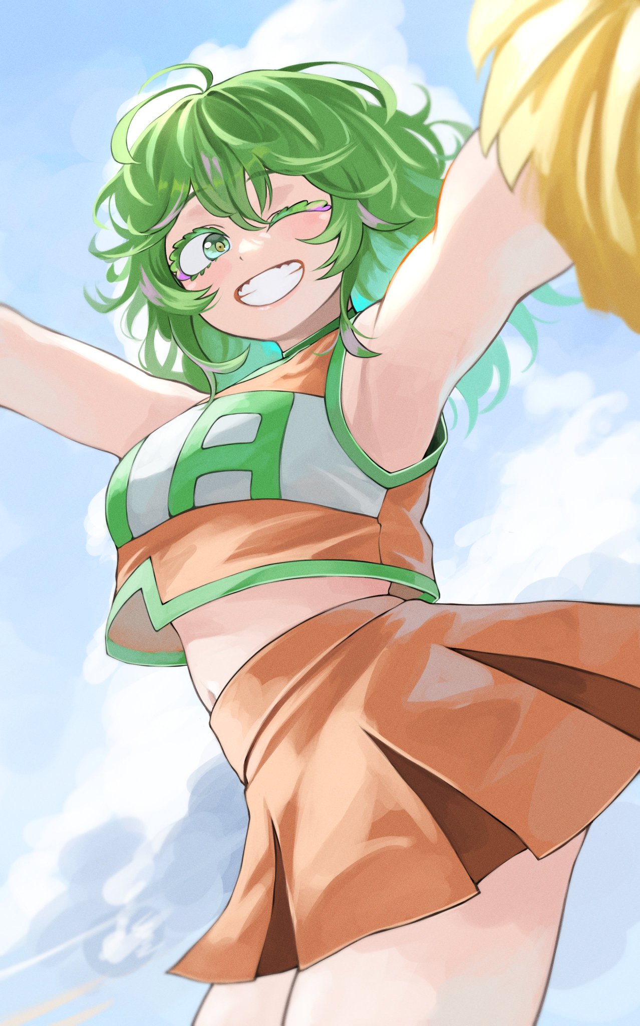 1girls anime_style belly_exposed blush boku_no_hero_academia cheering cheerleader cheerleader_outfit cheerleader_uniform clouds cloudy_sky female female_only furin0241 green_eyes green_hair grin happy happy_female highres light-skinned_female light_skin low-angle_view medium_breasts medium_hair messy_hair my_hero_academia orange_clothing orange_shells orange_skirt pom_pom_(cheerleading) posing posing_for_the_viewer shells shounen_jump skirt smiling smiling_at_viewer solo solo_focus tooru_hagakure tooru_hagakure_(visible) wink winking_at_viewer