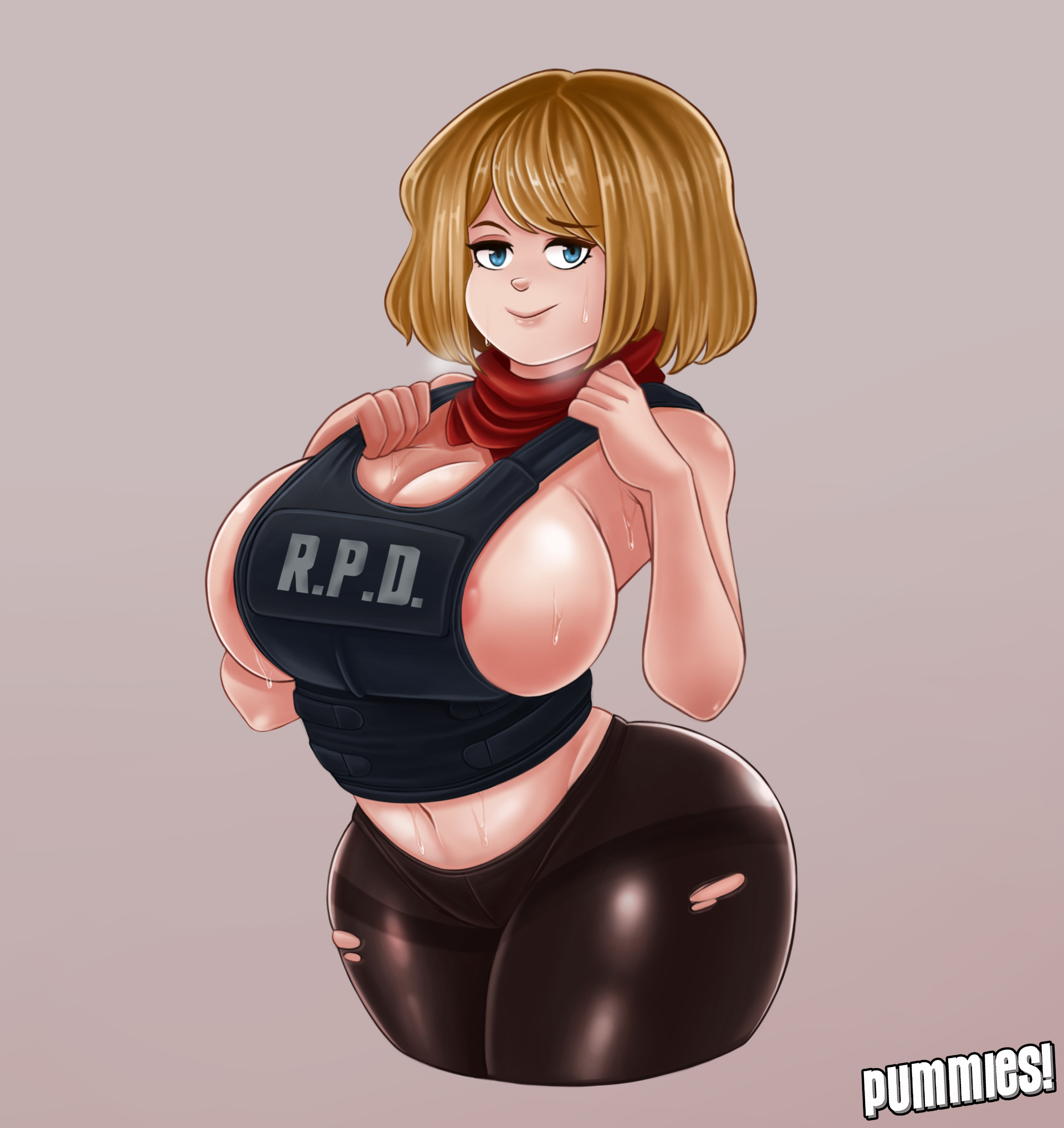 1girls, areola slip, ashley graham, ashley graham (ella freya), blonde hair, blue eyes, breasts, bulletproof vest, capcom, female, female only, huge breasts, leggings, light skin, light-skinned female, looking at viewer, pummies, resident evil, resident evil 4, resident evil 4 remake, ripped clothing, ripped leggings, short hair, sweat, sweaty breasts, tagme, thick thighs