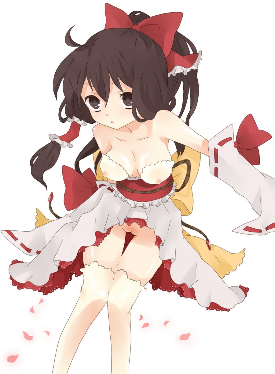 bare_shoulders bin-pu bow breasts brown_eyes brown_hair detached_sleeves female female_only hairbow highres human long_hair nipples no_panties pussy reimu_hakurei see-through solo thighhighs touhou uncensored yuiki_(cube)