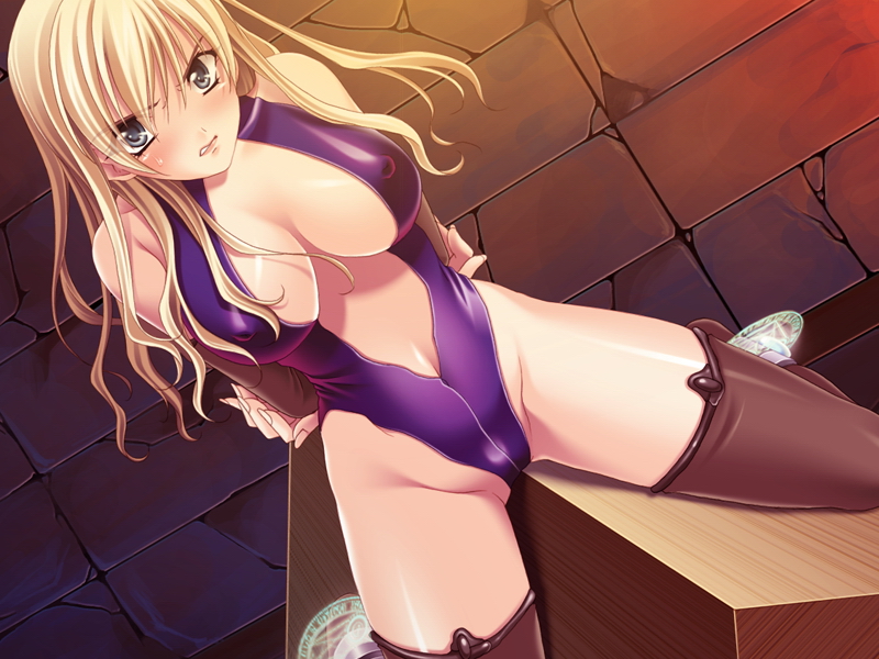 1girls aikawa_arisa angry arms_behind_back bikini blonde_hair bondage character_request clothing glyphs human kamen_no_goumonshi knight large_breasts miell_falke navel nipple_bulge pokies skin_tight source_request swimsuit thigh_highs thighhighs tied visible_nipples wooden_horse