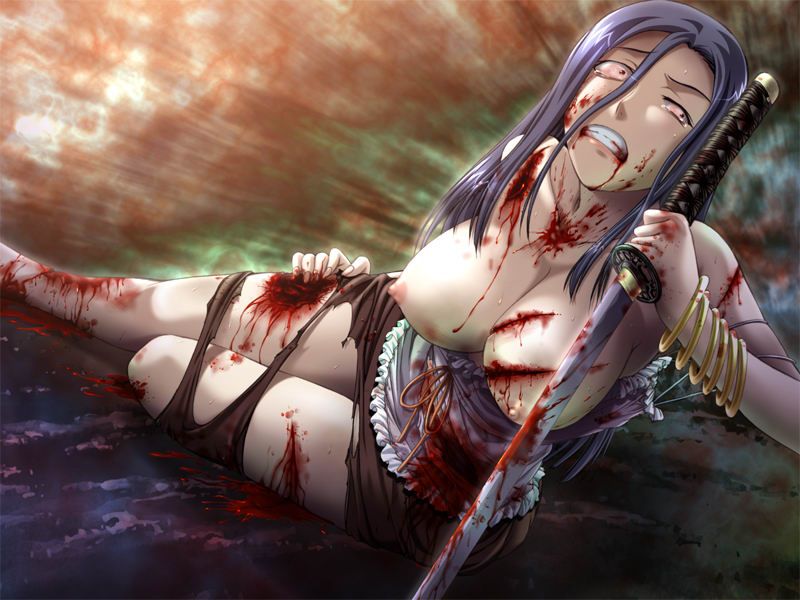 1girls affront_to_nature avulsion beige_skin bleeding blood blood_stain bloody_clothes bloody_sword bracelet breasts breasts_out clenched_teeth clothes clothing color female female_only gore guro hair incision injury jewelry katana laceration nipples open_eyes pain purple_hair red_blood ryona skirt solo stained_clothes sword tears torn_clothes underhand_grip weapon wound