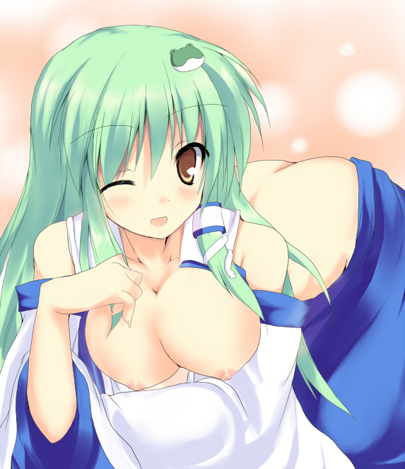 breasts butt_crack detached_sleeves frog green_hair japanese_clothes large_breasts long_hair midori-shiki miko nipples sanae_kochiya touhou undressing yellow_eyes