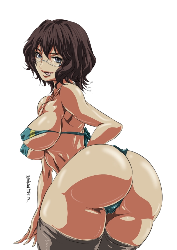 :p ass back bent_over bikini black_hair blue_eyes breasts dat_ass erect_nipples glasses gundam gundam_00 huge_ass large_breasts looking_back madhatter_hello micro_bikini naughty_face panties shirin_bakhtiar short_hair swimsuit thighhighs thong thong_bikini tongue underboob underwear