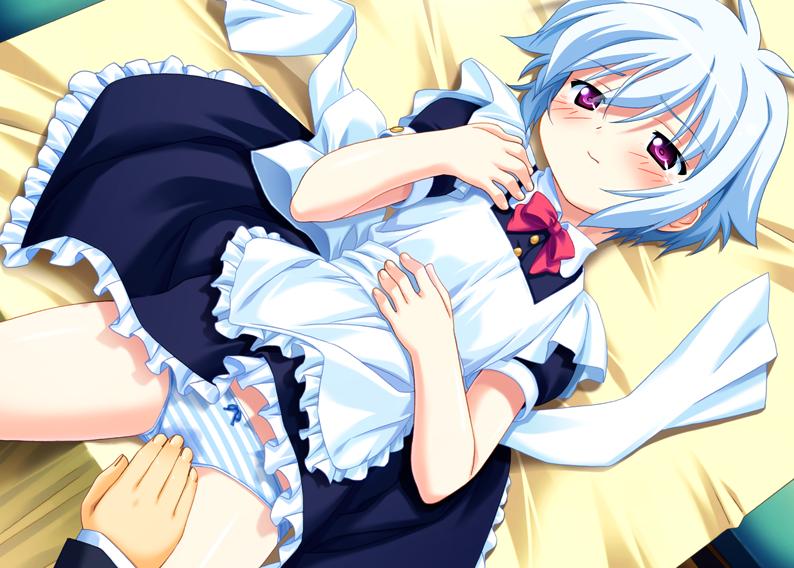 1boy 1girls apron bed blue_hair blush clothed clothed_female clothing cosplay female fingering flat_chest jinno_nagi lying maid maid_uniform makai_tenshi_jibril makai_tenshi_jibril_3 male on_bed panties purple_eyes pussy_juice short_hair striped striped_panties wet_pussy