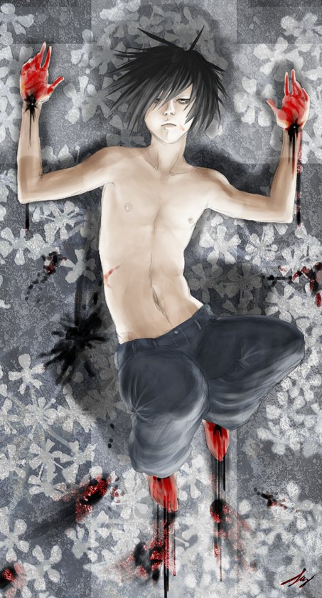 beyond_birthday black_hair blood death_note ink jeans male_only shirtless