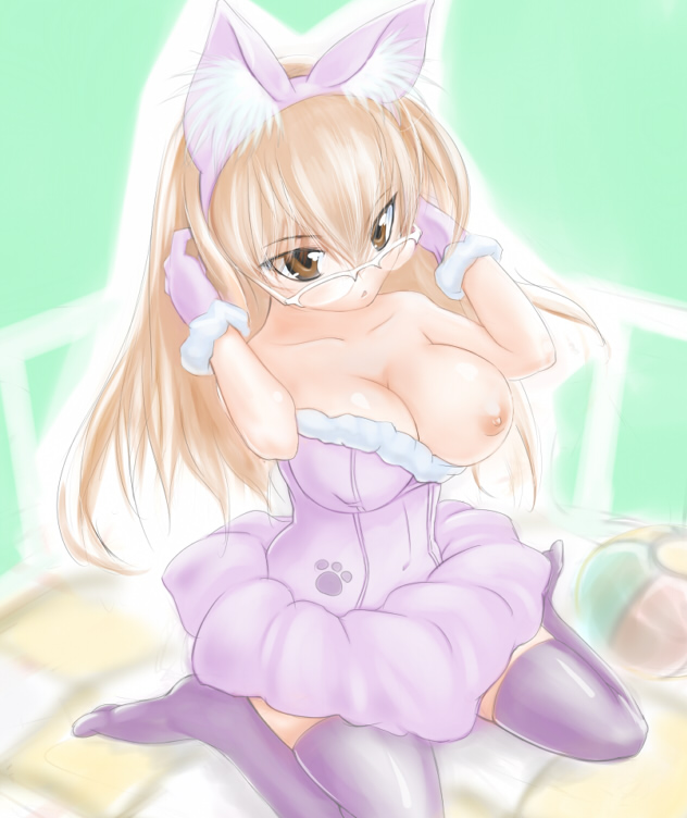 1girls blonde_hair breast_slip breasts brown_eyes copyright_request dress feet female footwear glasses gloves lewis_mclaren nipples one_breast_out paw_print purple_dress ruu skirt socks solo thighhighs