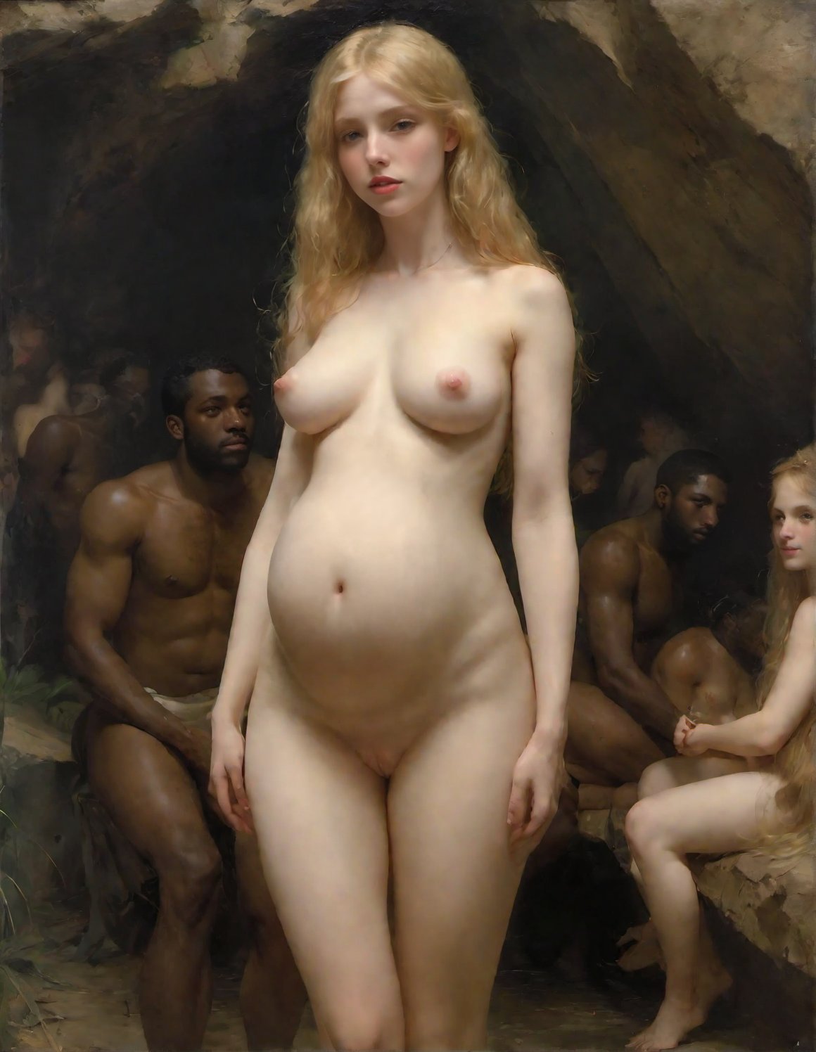 ai generated, blonde hair, dark skin, dark-skinned male, female, interracial, looking at viewer, male, multiple boys, multiple females, multiple girls, multiple males, nude, pregnant, taprincesserose