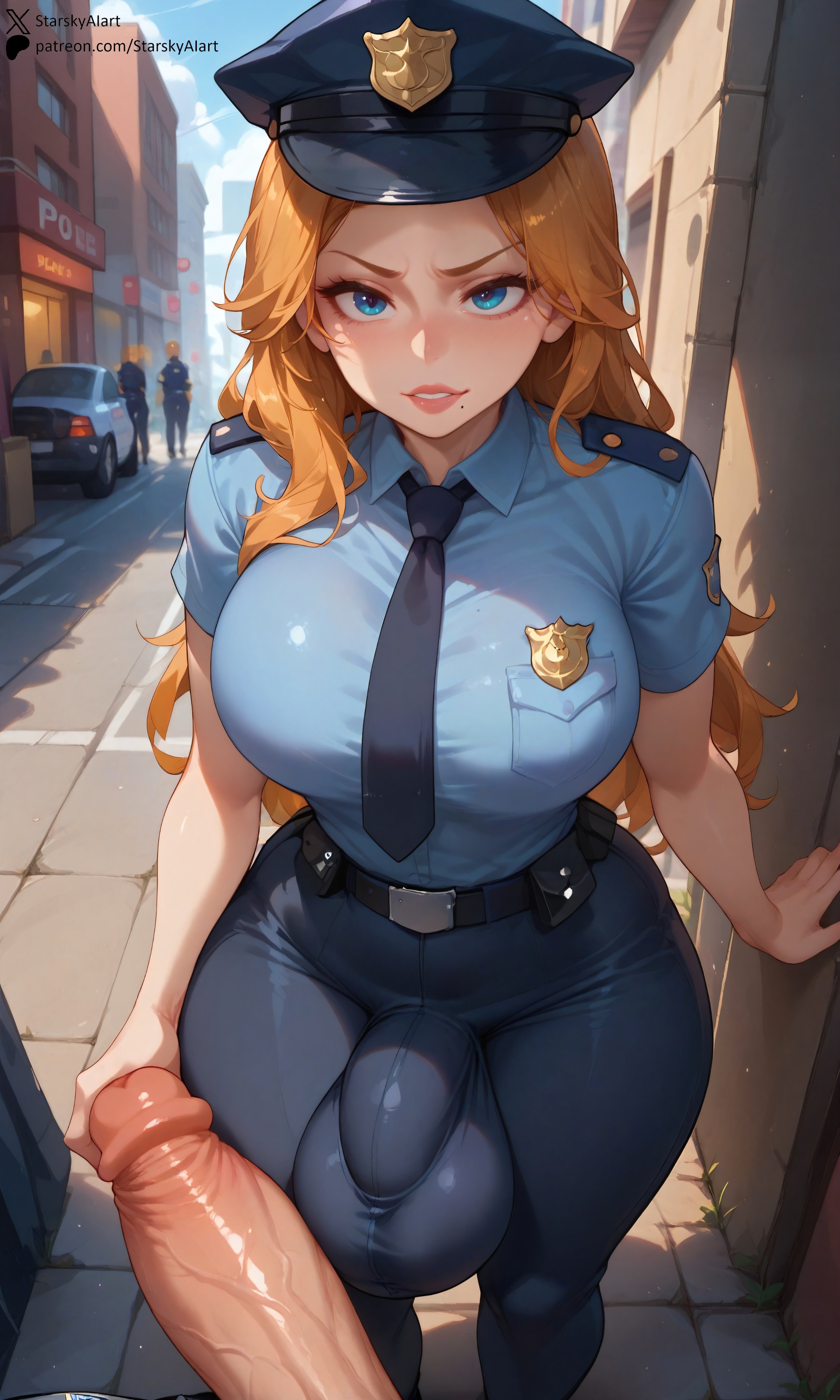 ai generated, balls, bleach, breasts, bulge, futanari, huge balls, huge breasts, huge cock, intersex, large breasts, looking at viewer, male, male on futa, matsumoto rangiku, outdoors, penis, penis out, police, police uniform, pov, starskyai, thick thighs