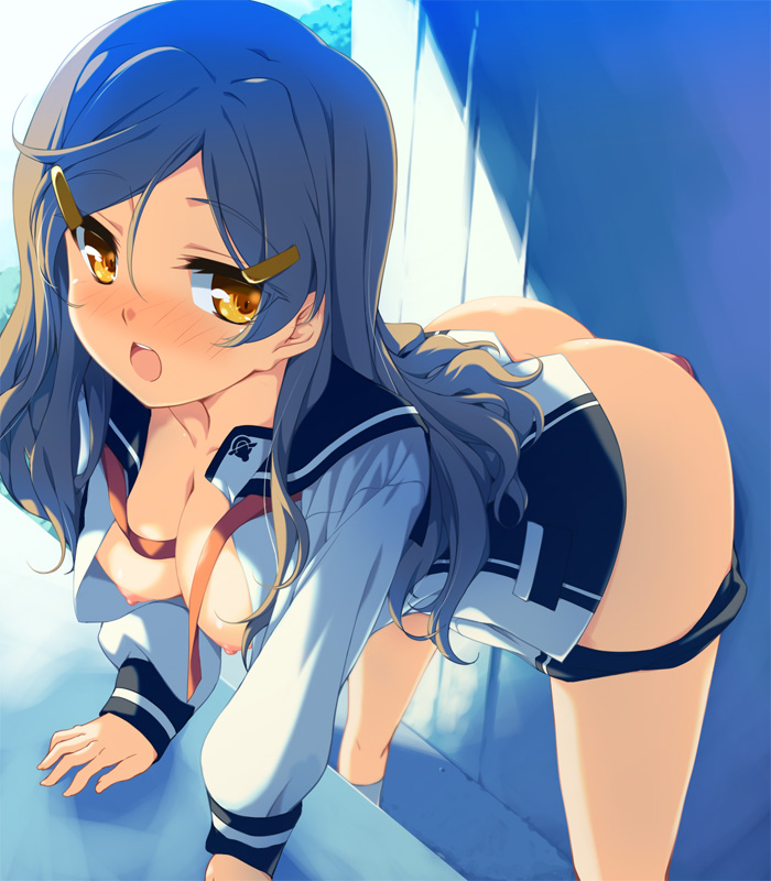 blush breasts brown_eyes brown_hair dildo female himawari_shinomiya imuraya_ayuka insertion long_hair masturbation nipples no_bra open_clothes open_shirt shinomiya_himawari shorts shorts_pull solo vividred_operation