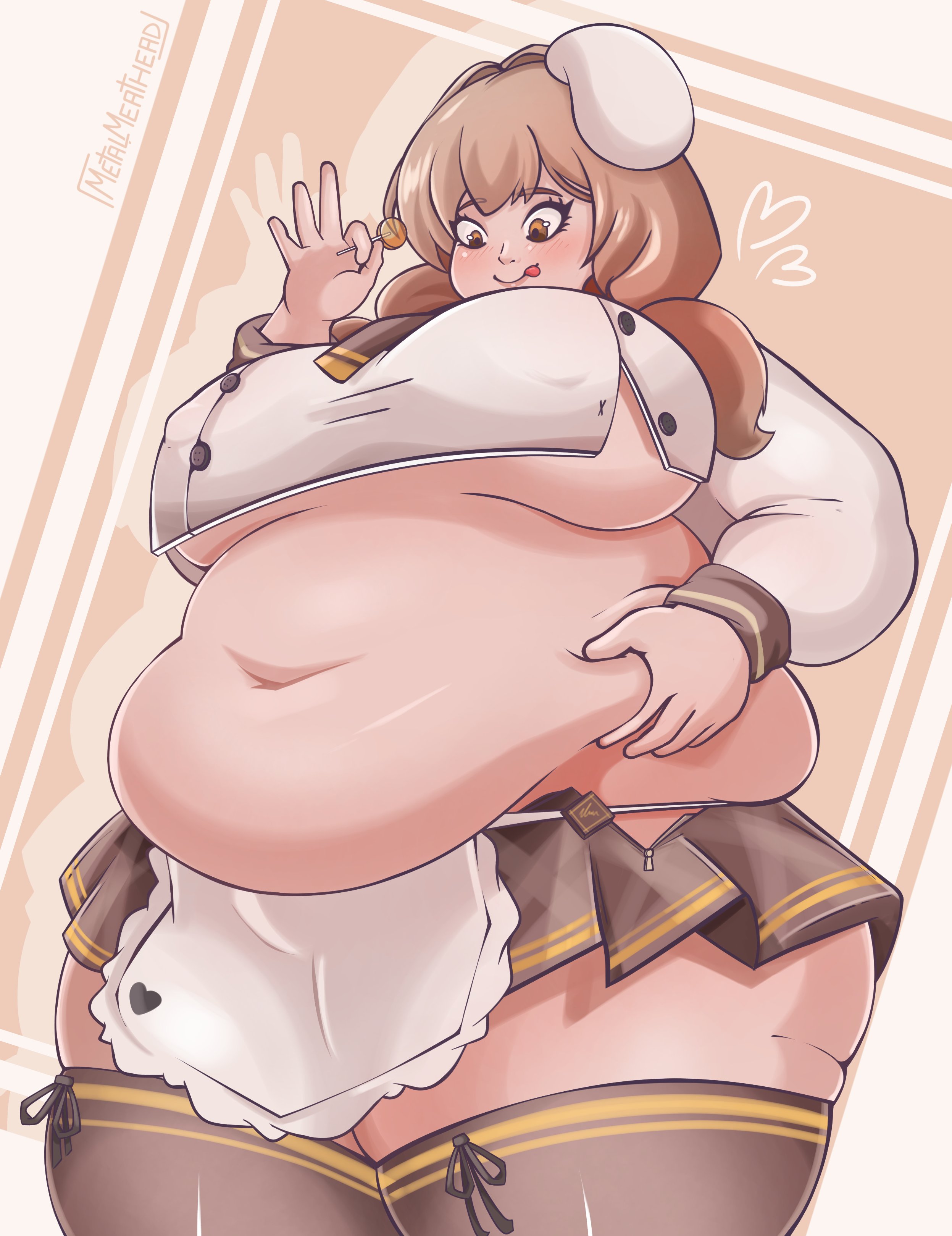 1girls, belly, big belly, big breasts, bready (nikke), breasts, female, goddess of victory: nikke, grabbing own belly, metalmeathead, obese, obese female, thick thighs, thighs