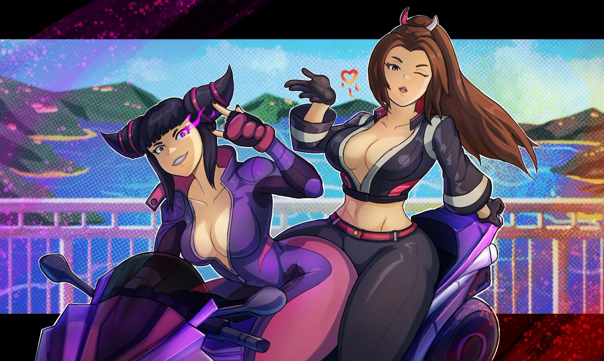 2girls ass big_breasts black_hair bodysuit breasts brown_hair crossover double_bun fatal_fury fatal_fury:_city_of_the_wolves female female_only jacket juri_han king_of_fighters large_breasts long_hair mai_shiranui mai_shiranui_(city_of_the_wolves) ponytail purple_bodysuit purple_eyes stickiezblue street_fighter street_fighter_6 street_fighter_v