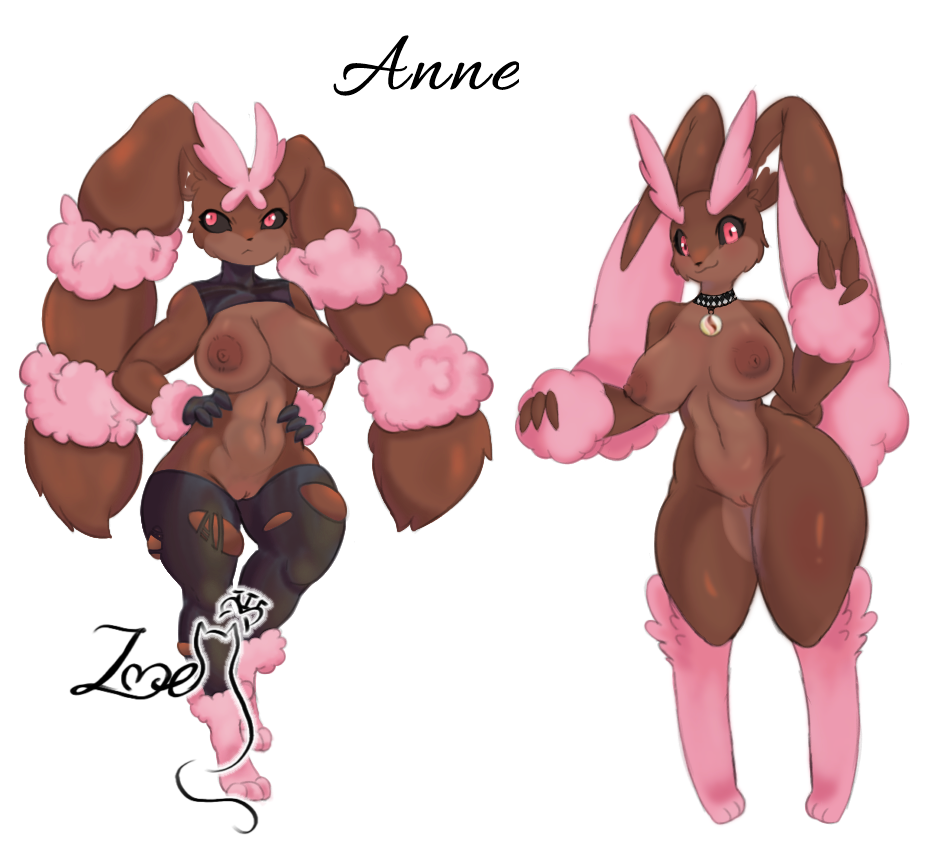 angry_expression anthro anthro_only big_breasts big_butt black_body black_collar black_socks breasts brown_fur bunny_ears bunny_tail hands_on_hips happy_expression lopunny mega_evolution mega_lopunny mega_stone nintendo nipples pink_eyes pink_fur pink_nipples pokemon pokemon_(species) pussy pussy_peek thick_thighs wide_hips zoebanette405