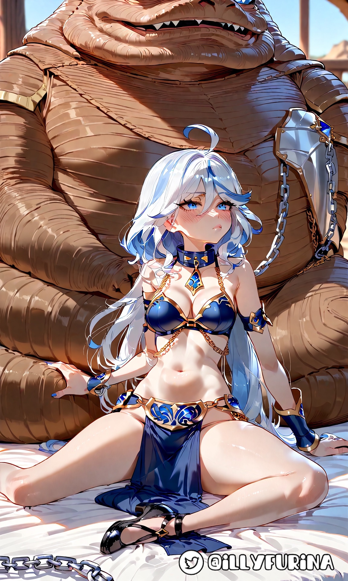 ai generated, bangs, bangs over eyes, blue eyes, blue hair, blush, bra, breasts, female, furina (genshin impact), genshin impact, illyfurina, jabba the hutt, long hair, looking at another, looking at partner, looking back, looking up, seducing, seduction, seductive, seductive body, seductive gaze, seductive pose, sex toy, shoes, skirt, slave, slave collar, slave girl, small boobs, small breasts, stable diffusion, star wars, ugly bastard, watermark, white hair
