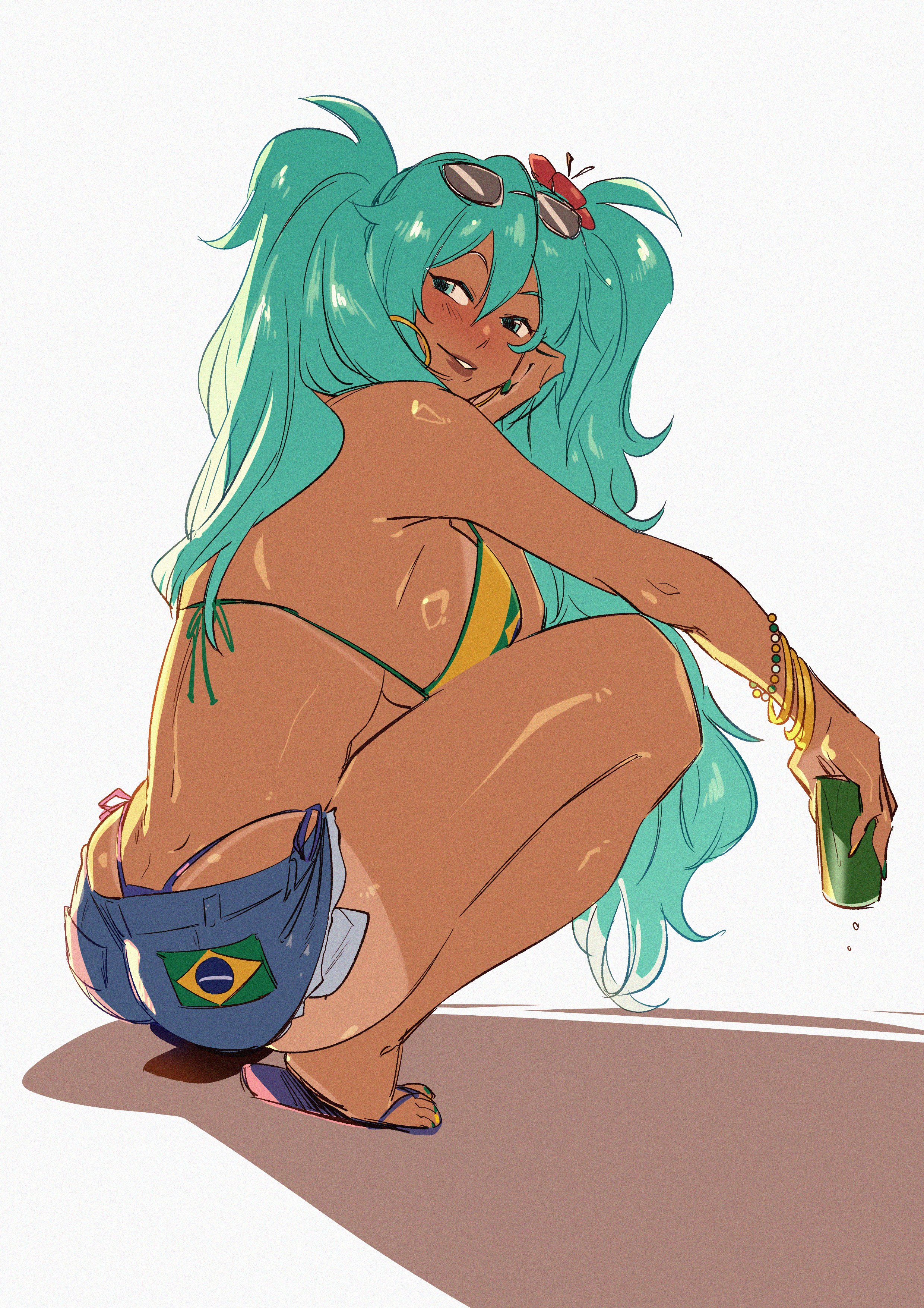 1girl, 1girls, aqua eyes, aqua hair, aqua nails, ass, big ass, big breasts, big thighs, bikini, blush, bracelet, brazil, brazilian, brazilian female, brazilian miku, breasts, can, cyan eyes, cyan hair, dark skin, dark-skinned female, denim, denim shorts, earrings, eyewear on head, female, female only, flip-flops, flower, full body, gigantic thighs, green nails, hair flower, hair ornament, hatsune miku, highleg, highleg bikini, holding, hoop earrings, huge ass, huge thighs, jewelry, kukumomo, large breasts, latin american hatsune miku (meme), long hair, looking at viewer, nail polish, sandals, shirt, short shorts, shorts, side-tie bikini bottom, sideboob, smile, solo, squatting, string bikini, sunglasses, swimsuit, tagme, tan, tan body, thick hips, thick thighs, thighs, thong, thong bikini, twintails, very long hair, vocaloid, yellow bikini, yellow shirt