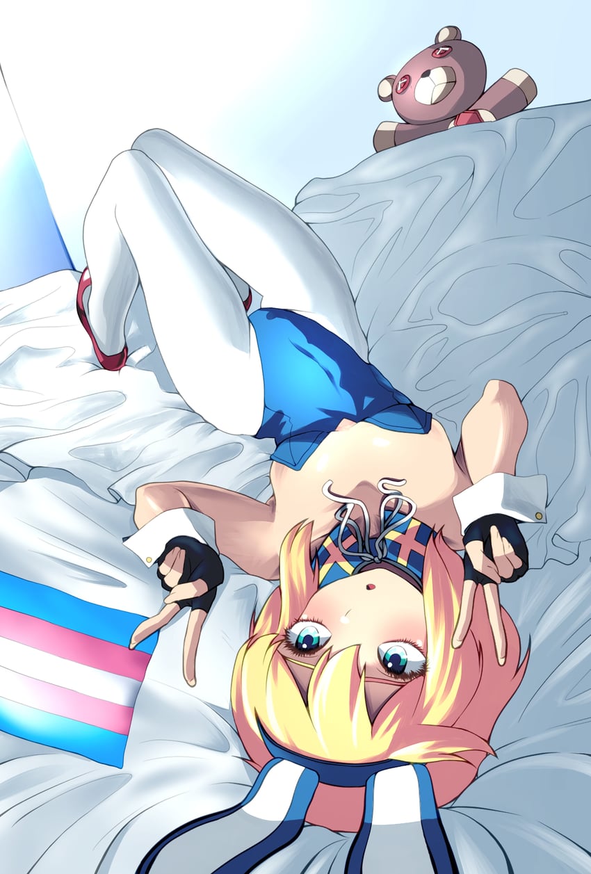 1girls blonde_hair blue_eyes breasts bridget bridget_(guilty_gear) bunny_ears bunny_ears_headband bunnysuit eyelashes female female_focus female_only fingerless_gloves genderswap genderswap_(mtf) guilty_gear_strive light-skinned_female light_skin lying lying_on_back lying_on_bed medium_hair rule_63 small_breasts solo sweden swedish_flag trans_flag transgender_pride_colors v_sign victory_sign white_pantyhose