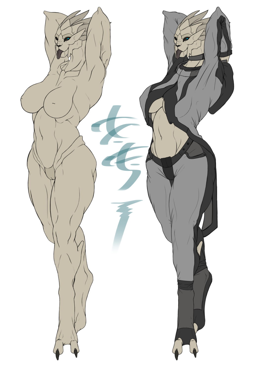 abs alien big_breasts breasts claws clothed clothing female half-dressed looking_at_viewer mandibles mass_effect muscles muscular_female nipples nude omnoproxy omnoproxyl337 plain_background pose pussy ricofox solo standing tongue tongue_out topless turian video_games wide_hips