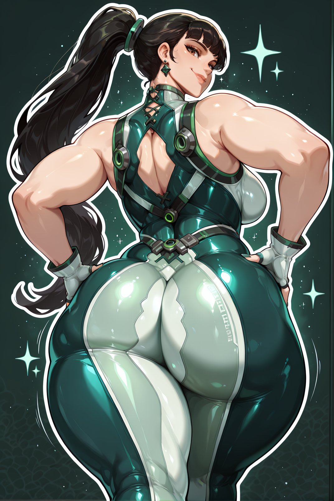 ai generated, asian, asian female, back view, backboob, bare thighs, big ass, big butt, black hair, bodysuit, breasts, brown eyes, eve (stellar blade), fat ass, female, gigantic ass, gigantic breasts, huge breasts, huge thighs, long hair, looking back, massive ass, massive breasts, oiled body, oiled skin, ponytail, smiling, solo female, squatting, stellar blade, sweat, sweatdrop, thick body, thick female, thick thighs, thighs, yashugai
