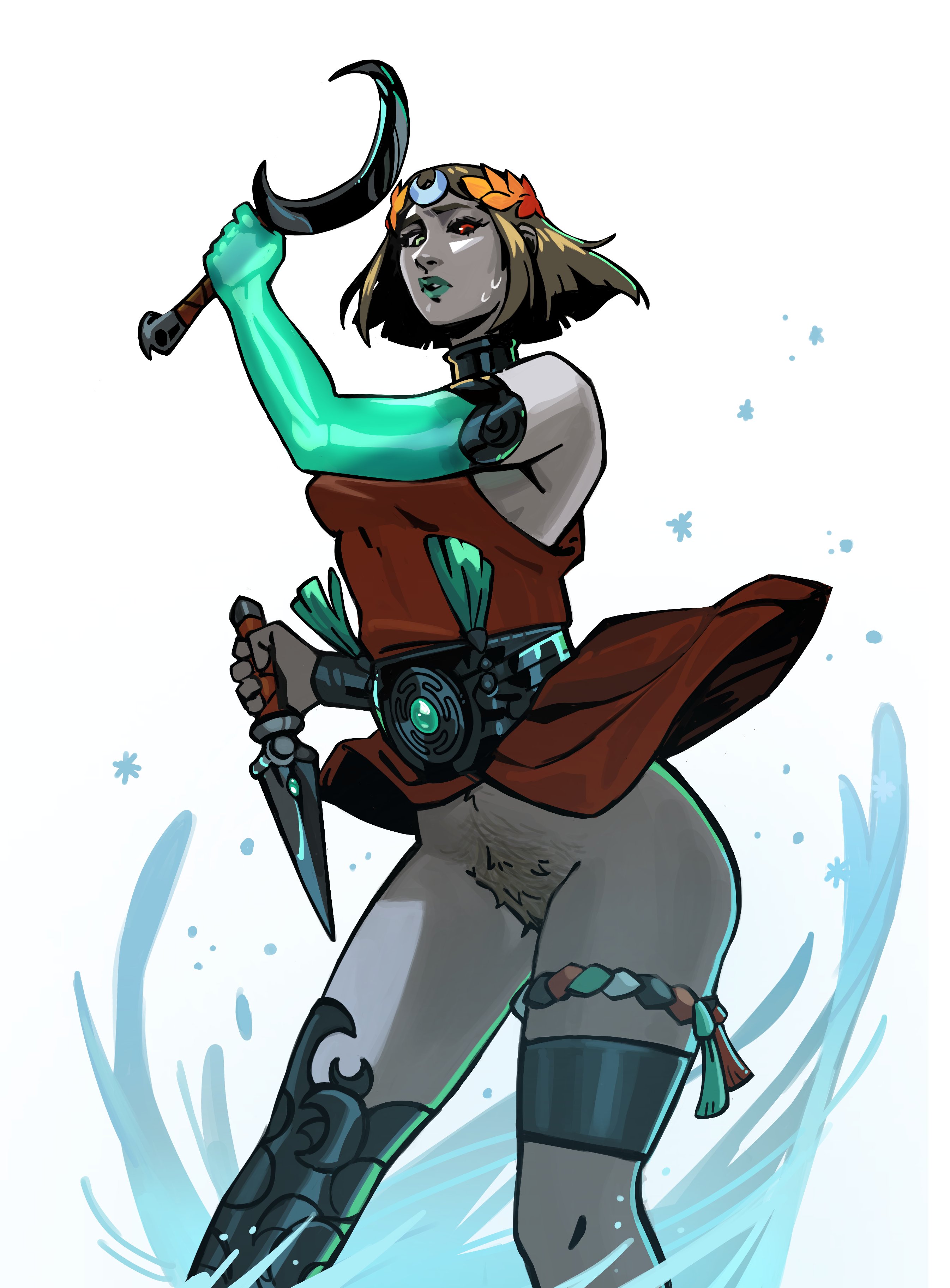 1girls, absurd res, accidental exposure, barely visible genitalia, barely visible pussy, blonde hair, breasts, clitoral hood, clothing, collar, color, female, female pubic hair, green eyes, hades (game), hades 2, heterochromia, highres, human, legband, lighting, looking down, melinoe (hades), metal collar, nervous, no panties, nonsexual, nonsexual nudity, pale skin, partially clothed, pubic hair, pussy, pussy peek, red eyes, sideboob, skirt, standing, sweat, sweatdrop, upskirt, viviancore, wardrobe malfunction, weapon, white background, wind