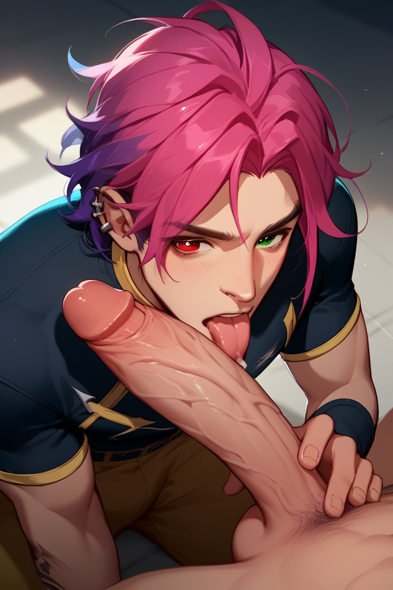 ai_generated ass big_penis clothing erect_penis gay heartsteel_kayn heartsteel_series heterochromia kayn league_of_legends licking_penis male male_focus male_only oral oral_sex pink_hair purple_hair self_upload submissive tom_ai veiny_penis yaoi