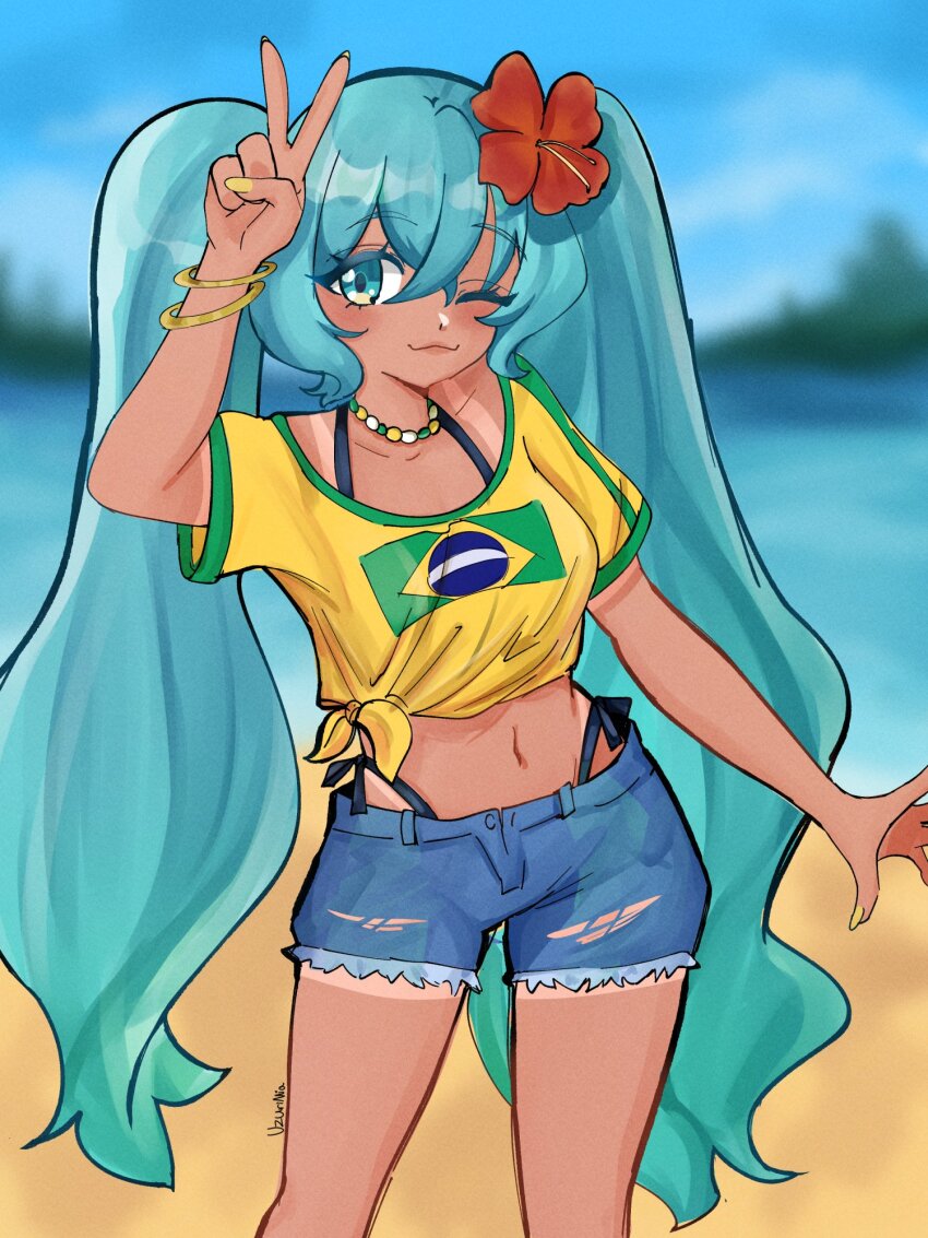 1girls blue_hair blush blushing blushing_female brazil brazilian brazilian_female brazilian_flag brazilian_miku countries country flower_in_hair geography hatsune_miku hips hispanic international jewelry jorts latin_american_hatsune_miku_(meme) necklace revealing_clothes ripped_jeans short_jeans skinny skinny_female skinny_girl south_america south_american tan_line tan_lines tanline tanlines vocaloid yellow_nail_polish yellow_nails