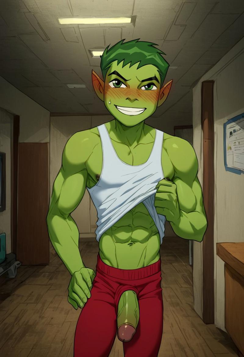 abs ai_generated beast_boy beast_boy_(teen_titans) biceps big_penis blush gay green_hair green_skin lifting_shirt looking_at_viewer male male_only muscular muscular_male nipples pecs penis penis_through_fly smile sweatpants teen_titans toned_body toned_male twall97