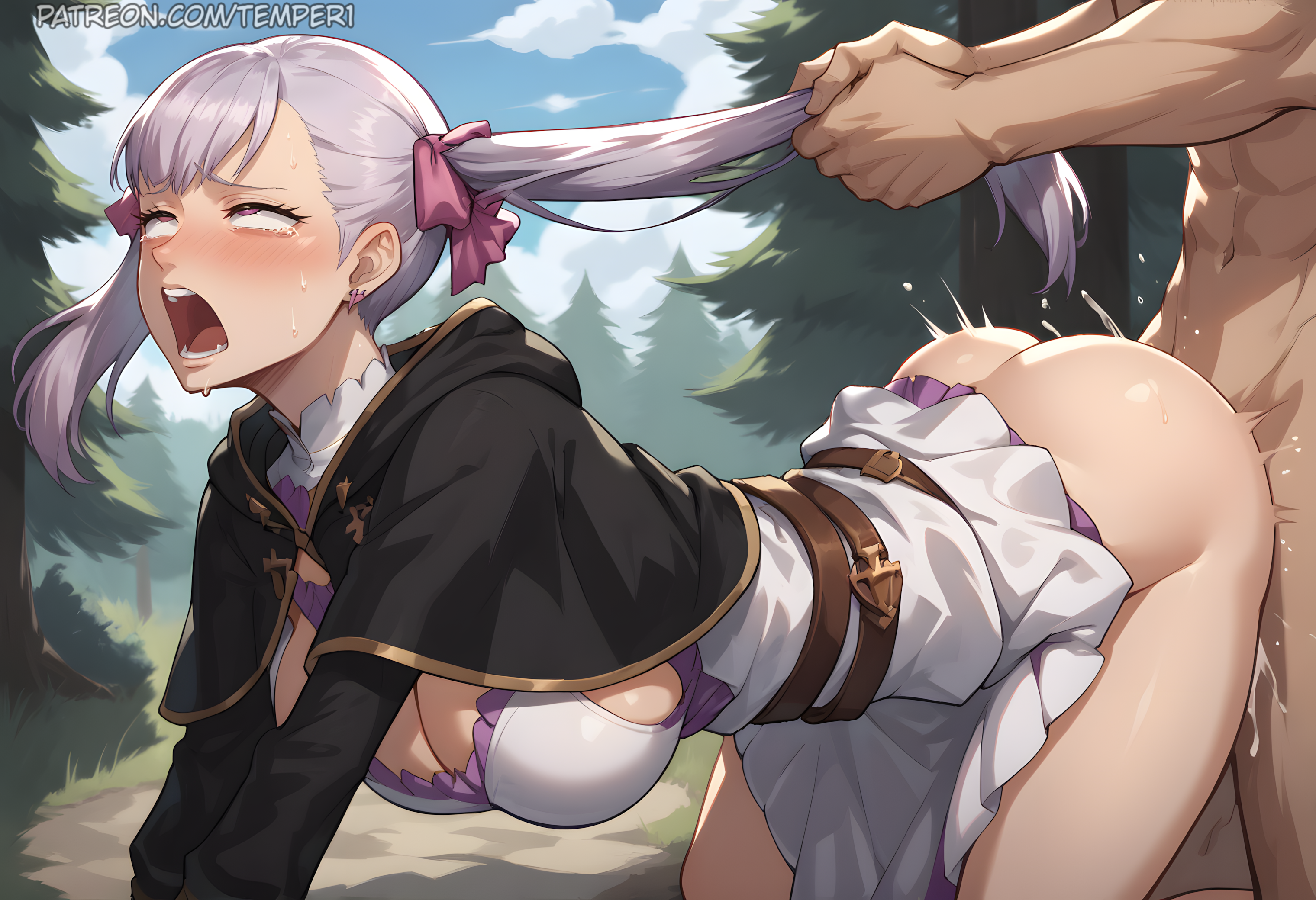 1boy, 1girls, ai generated, all fours, ass, belt, black capelet, black clover, blush, bow, breasts, capelet, cleavage, clothed female nude male, clothed sex, clothes lift, cum, day, doggy style, dress, dress lift, earrings, female, grabbing another's hair, grey hair, hair ribbon, hanging breasts, jewelry, large breasts, long hair, male, noelle silva, nude, open mouth, outdoors, patreon username, purple eyes, purple hair, ribbon, sex, sex from behind, sky, solo focus, straight, sweat, tears, temper ai, thighs, tree, twintails, web address, white dress