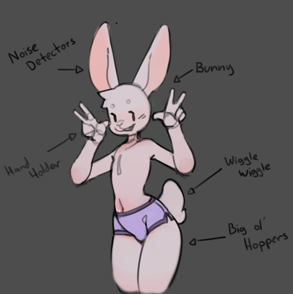 2023 5_fingers anthro balls_outline black_background buckteeth bulge clothing detailed_bulge english_description english_text eyebrows fingers fur genital_outline gesture hand_gesture happy hirowo lagomorph leporid looking_at_viewer male male_only mammal navel open_mouth purple_clothing purple_underwear rabbit simple_background solo tail teeth text underwear v_sign white_body white_fur