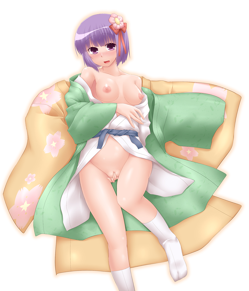 breasts female fingering flower hair_flower hair_ornament haori hieda_no_akyuu highres kimono masturbation nipples no_bra no_panties off_shoulder open_clothes open_kimono purple_eyes purple_hair pussy robe short_hair solo tabi touhou yoshi_tama