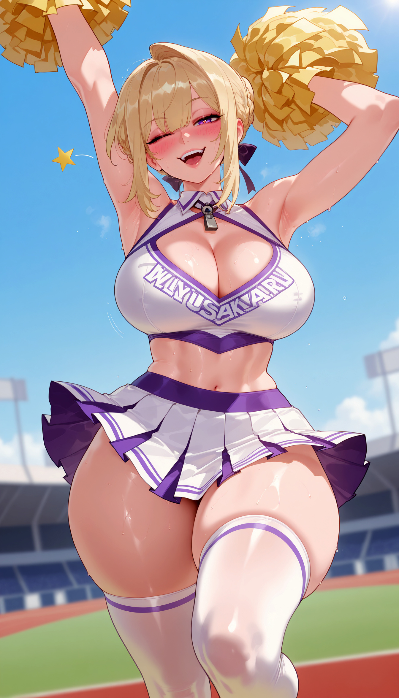 1girl, 1girls, ahoge, ai generated, armpits, arms up, balecxi, bare shoulders, blonde hair, blue sky, blush, braid, breasts, cheering, cheerleader, cleavage, cleavage cutout, clothing, clothing cutout, crop top, curvaceous, curvaceous female, curvaceous figure, curvy, curvy figure, day, evelyn chevalier, female, female focus, hair intakes, holding, holding pom poms, hoyoverse, inviting, inviting to sex, large breasts, legwear, looking at viewer, midriff, mihoyo, miniskirt, navel, one eye closed, open mouth, outdoors, pleated skirt, pom pom (cheerleading), pom poms, presenting, presenting ass, presenting breasts, presenting hindquarters, presenting self, purple eyes, seductive, seductive look, seductive smile, skirt, sky, smile, solo, stadium, thick thighs, thighhighs, thighs, voluptuous, voluptuous female, white legwear, white skirt, white thighhighs, wide hips, zenless zone zero